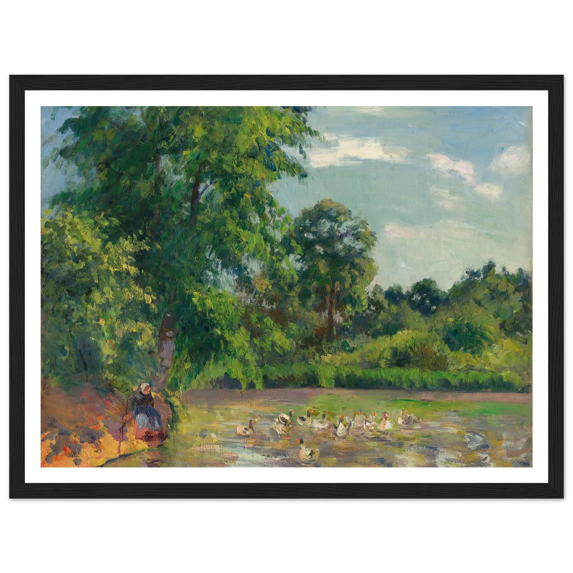 Canards sur l’étang de Montfoucault (circa 1874) Art Print | Camille Pissarro - Framed Poster - 30x40 cm / 12x16″ - Black frame