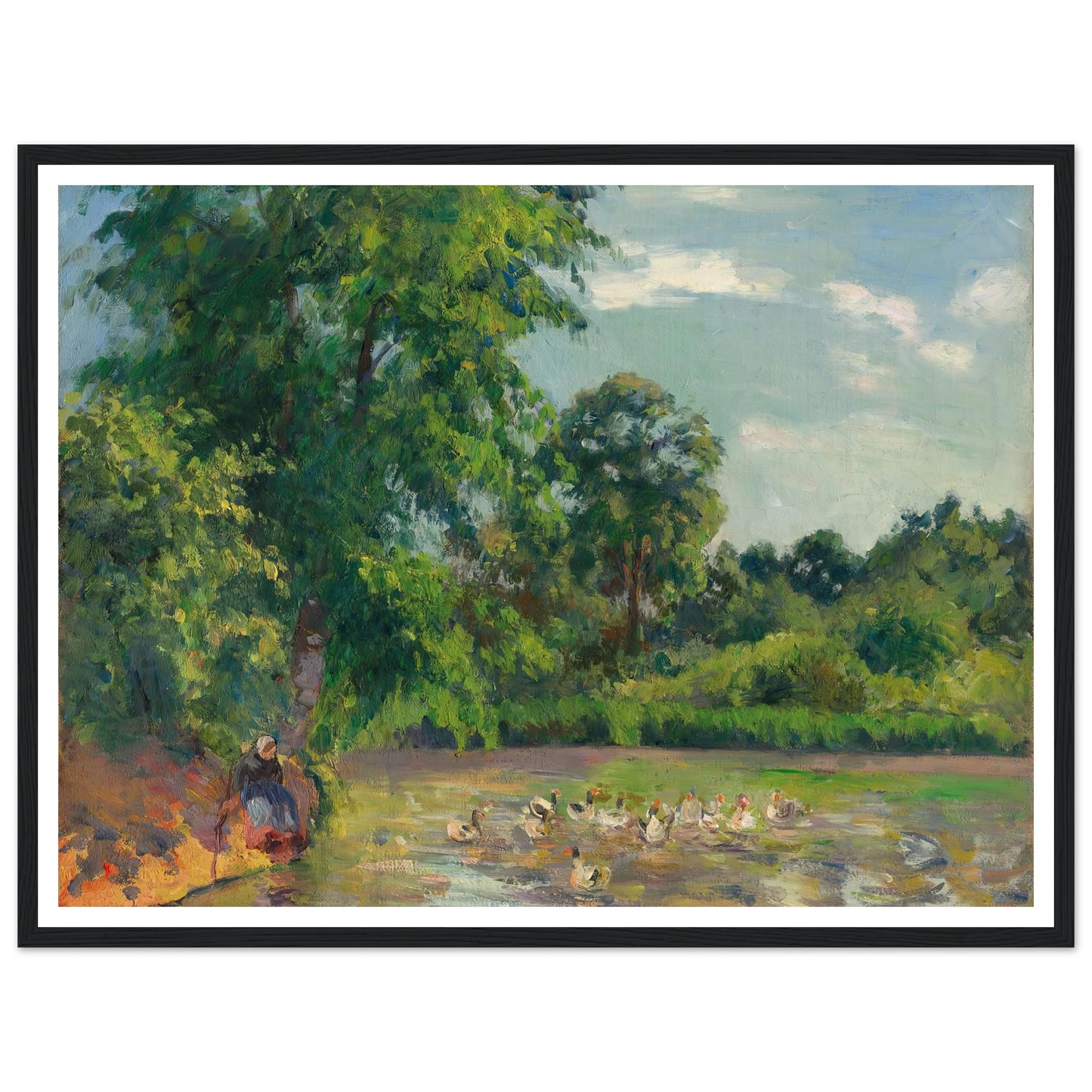 Canards sur l’étang de Montfoucault (circa 1874) Art Print | Camille Pissarro - Framed Poster - 30x40 cm / 12x16″ - Black frame