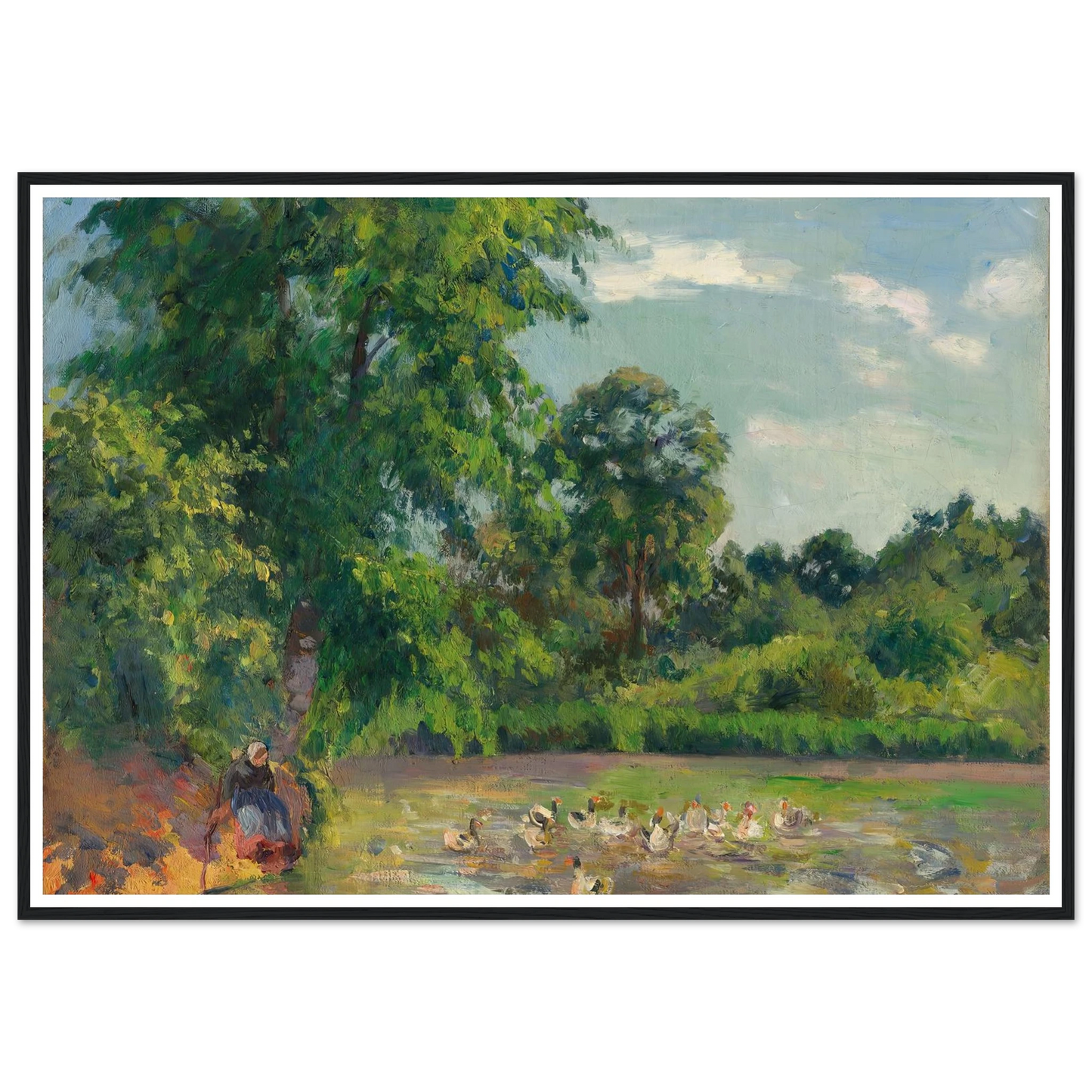 Canards sur l’étang de Montfoucault (circa 1874) Art Print | Camille Pissarro - Framed Poster - 30x40 cm / 12x16″ - Black frame