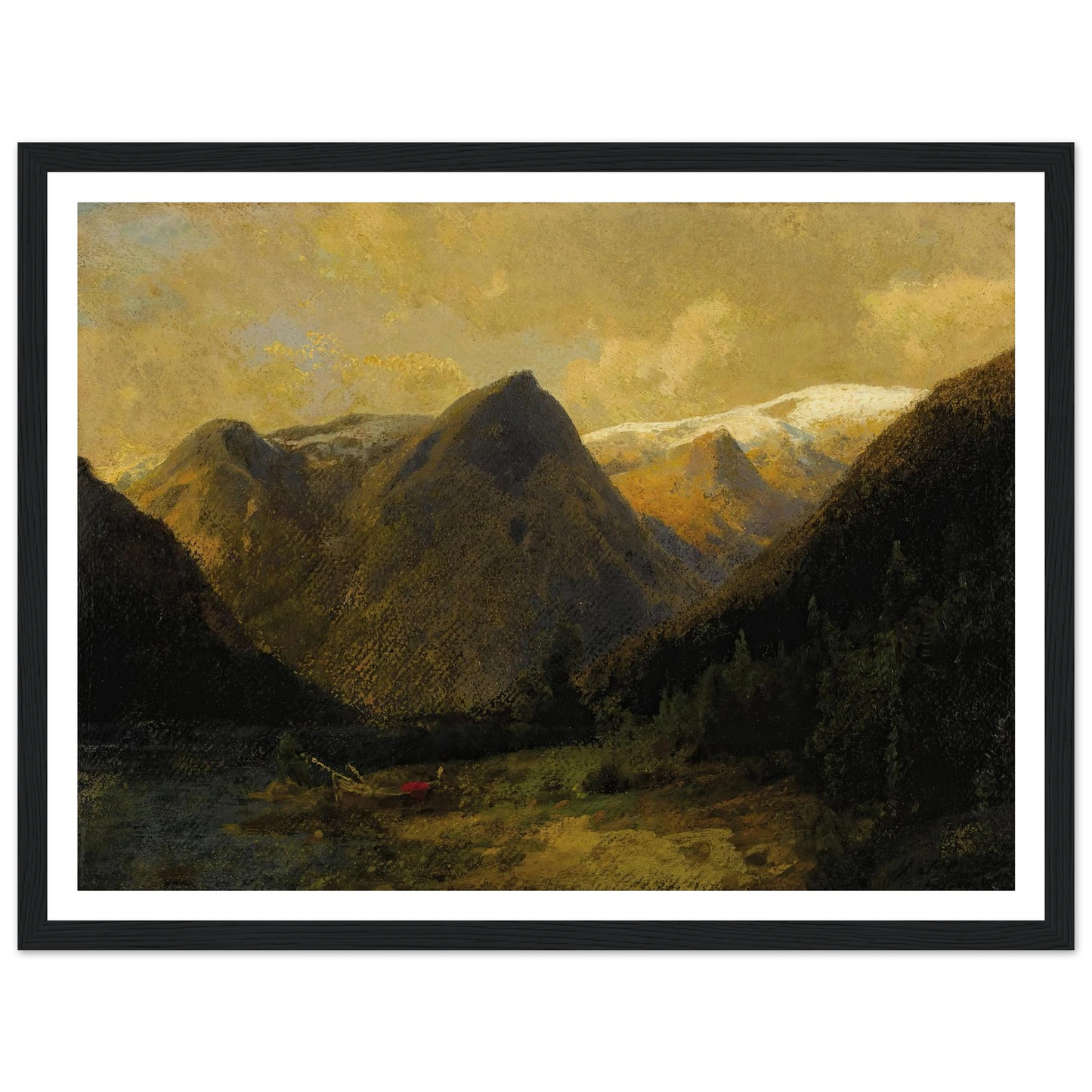 Canoe at Water’s Edge Art Print | Hermann Ottomar Herzog - Framed Poster - 30x40 cm / 12x16″ - Black frame