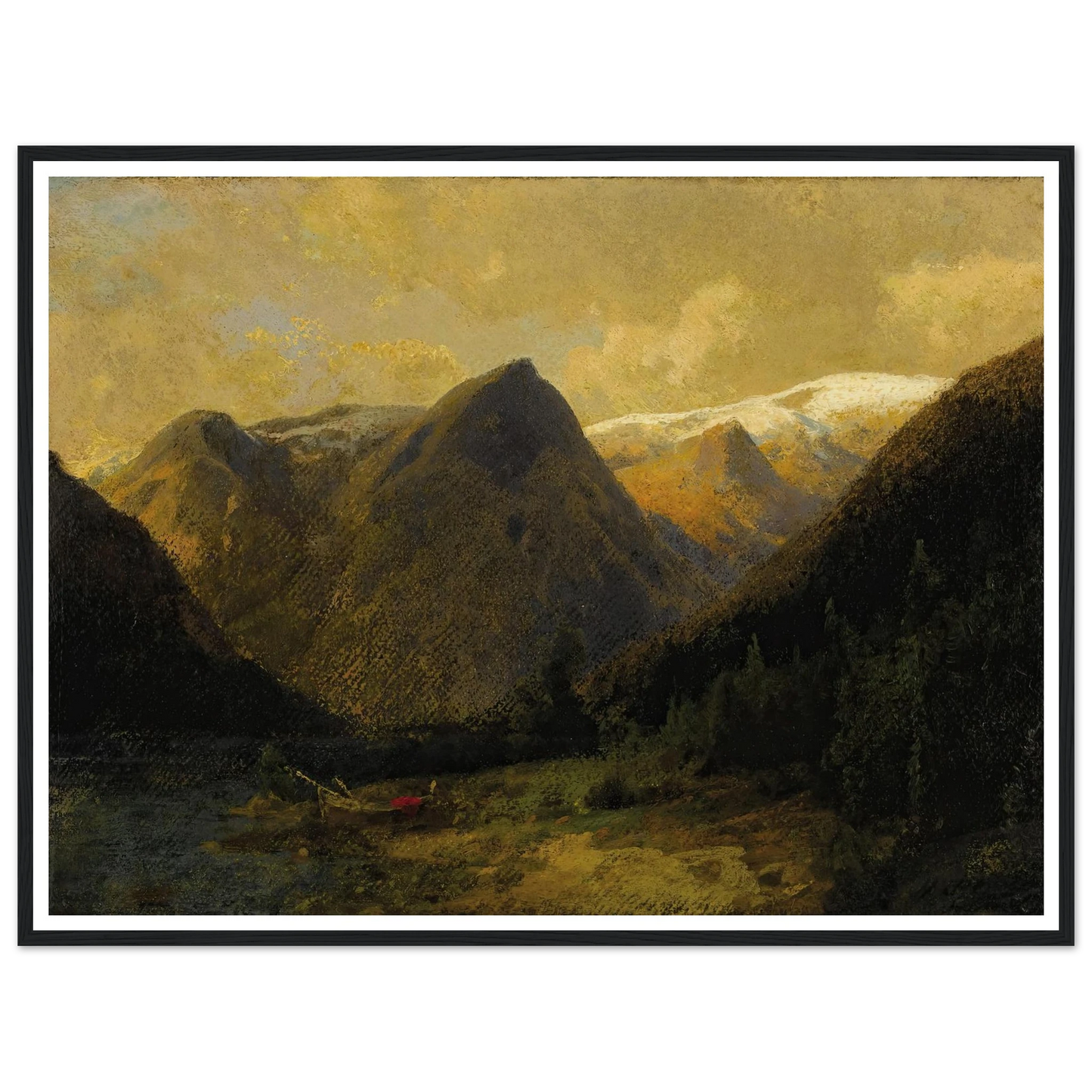 Canoe at Water’s Edge Art Print | Hermann Ottomar Herzog - Framed Poster - 30x40 cm / 12x16″ - Black frame