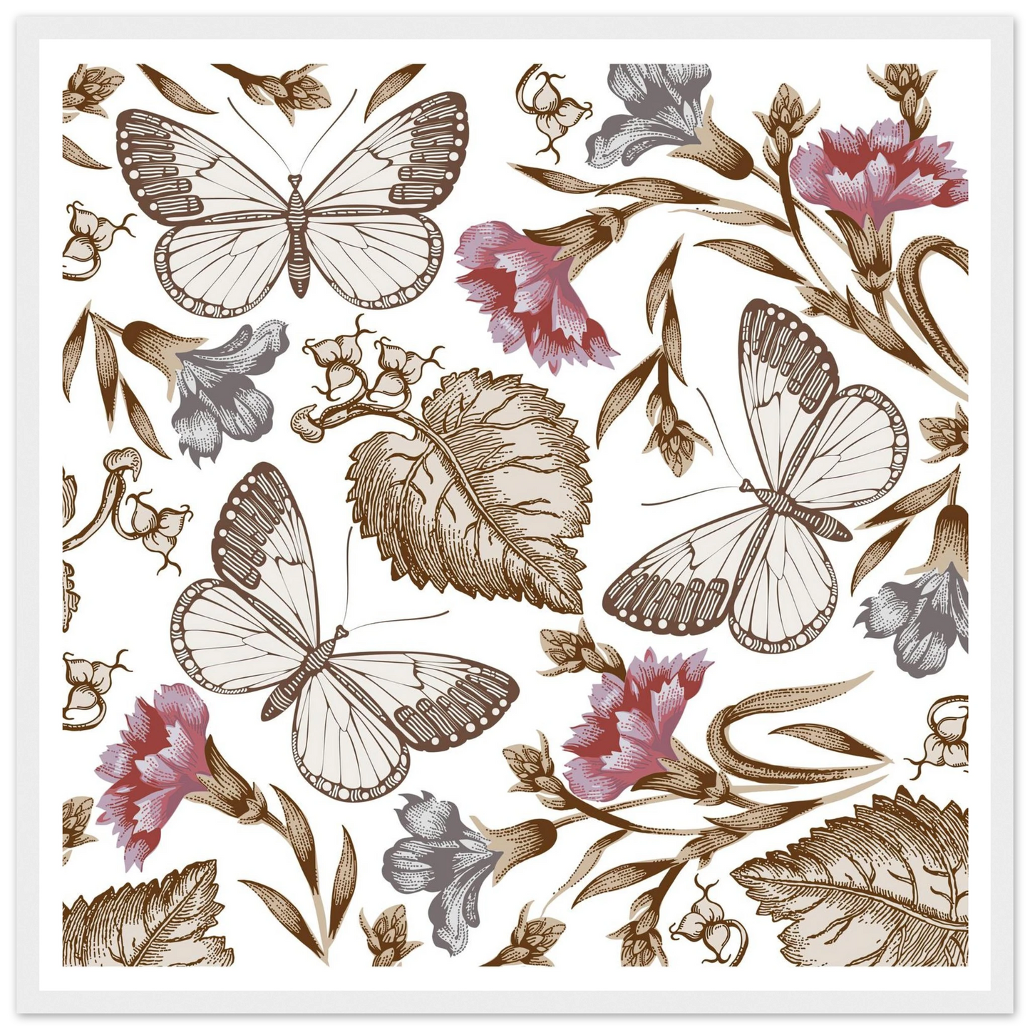 Carnation & White Wings Art Print | William Morris Inspired - Framed Poster - 30x30 cm / 12x12″ - Black frame