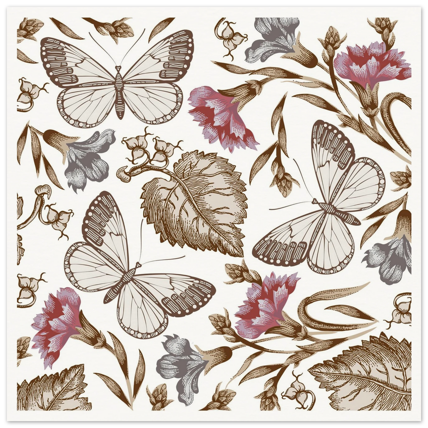 Carnation & White Wings Art Print | William Morris Inspired - Framed Poster - 30x30 cm / 12x12″ - Black frame