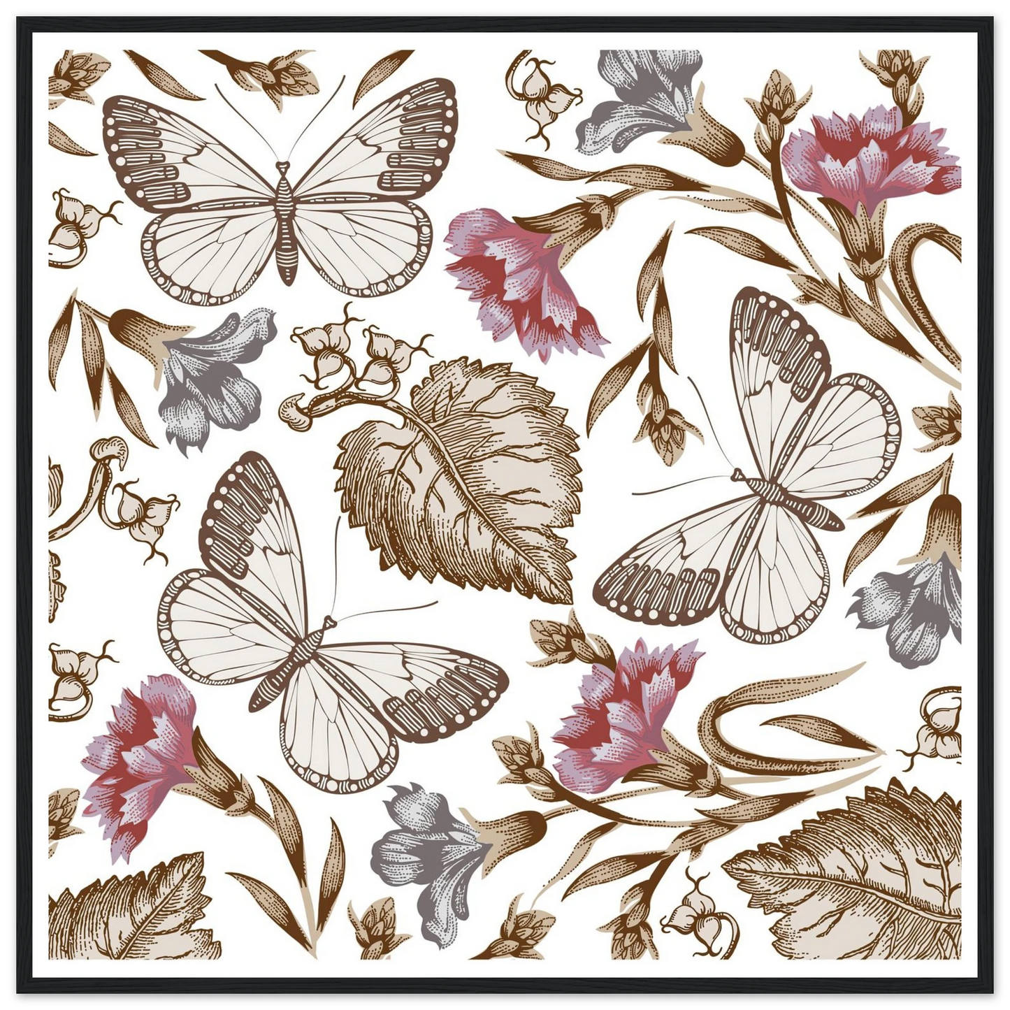 Carnation & White Wings Art Print | William Morris Inspired - Framed Poster - 30x30 cm / 12x12″ - Black frame