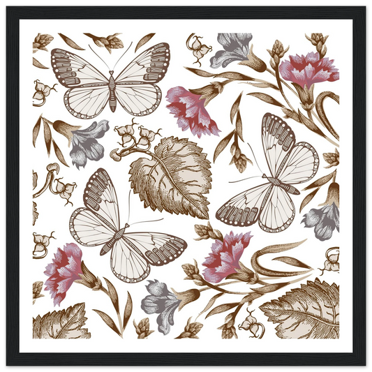 Carnation & White Wings Art Print | William Morris Inspired - Framed Poster - 30x30 cm / 12x12″ - Black frame