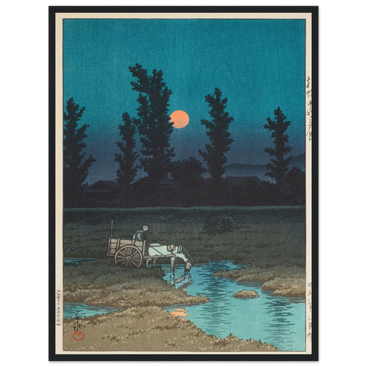 Sapporo Nakanoshima no yuzuki (Evening moon at Nakanoshima, Sapporo) (1933) Art Print | Kawase Hasui - Framed Poster - 30x40 cm / 12x16″ - Black frame
