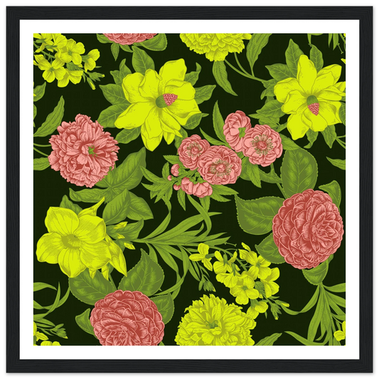 Chartreuse Camellia Deep Art Print | William Morris Inspired - Framed Poster - 30x30 cm / 12x12″ - Black frame