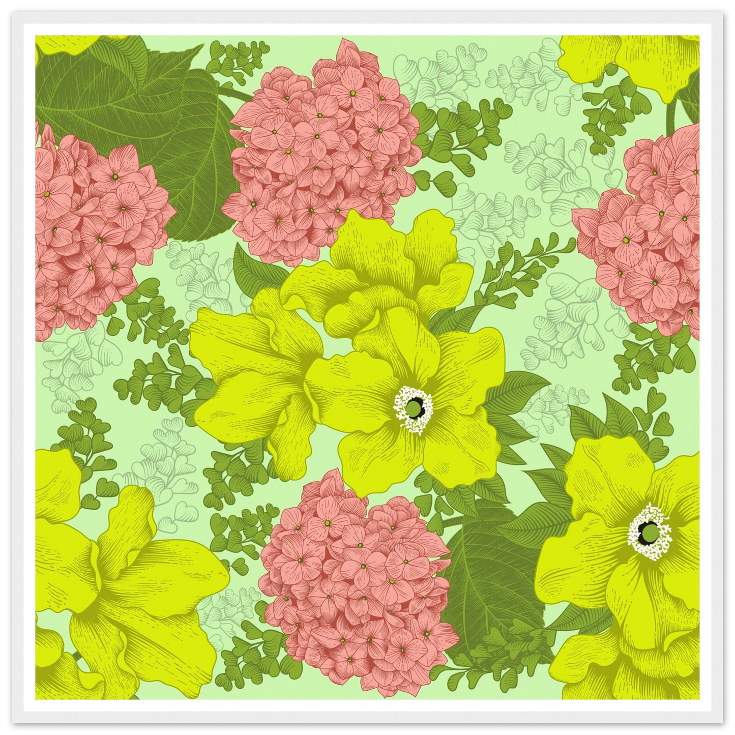 Chartreuse Hydrangea Art Print | William Morris Inspired - Framed Poster - 30x30 cm / 12x12″ - Black frame