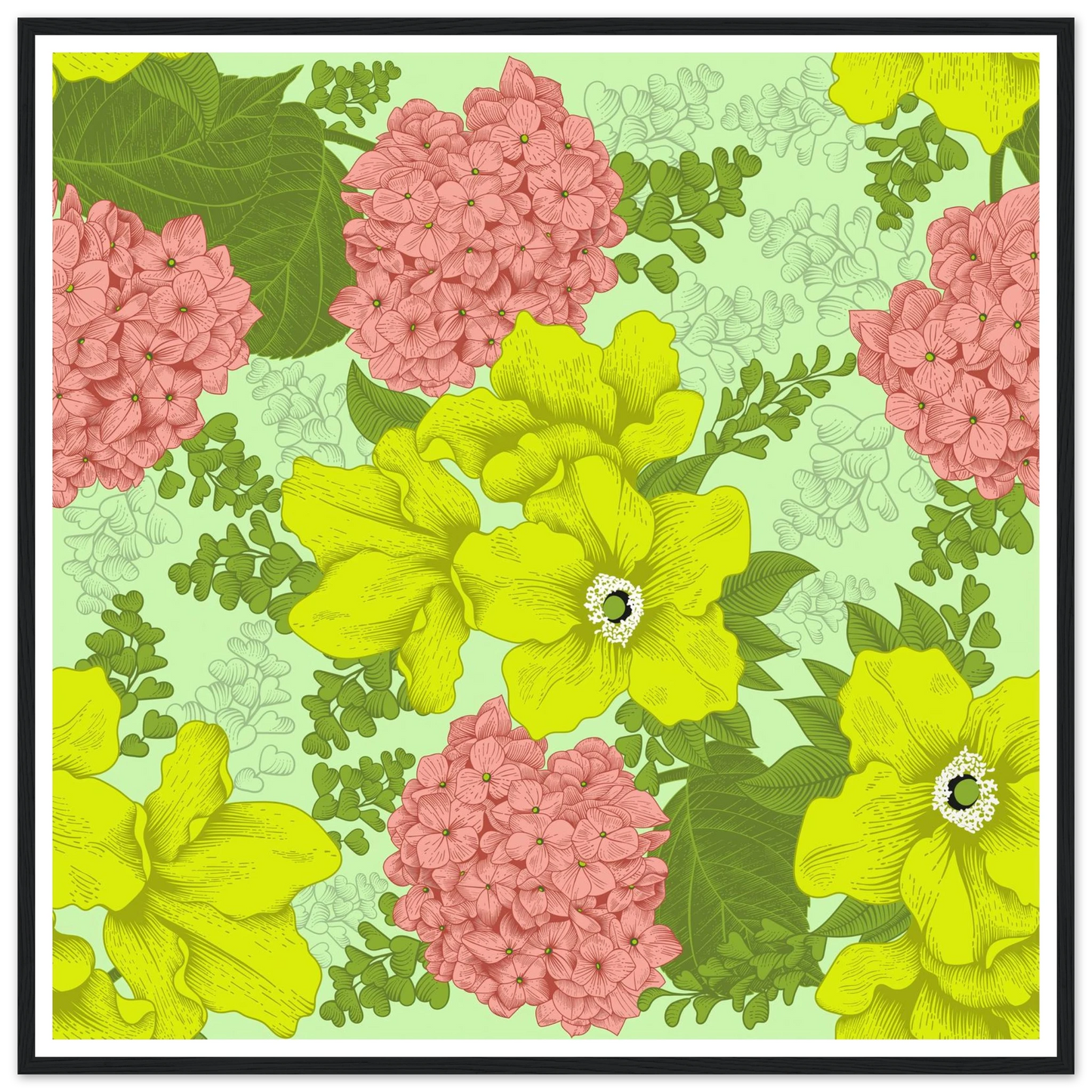 Chartreuse Hydrangea Art Print | William Morris Inspired - Framed Poster - 30x30 cm / 12x12″ - Black frame