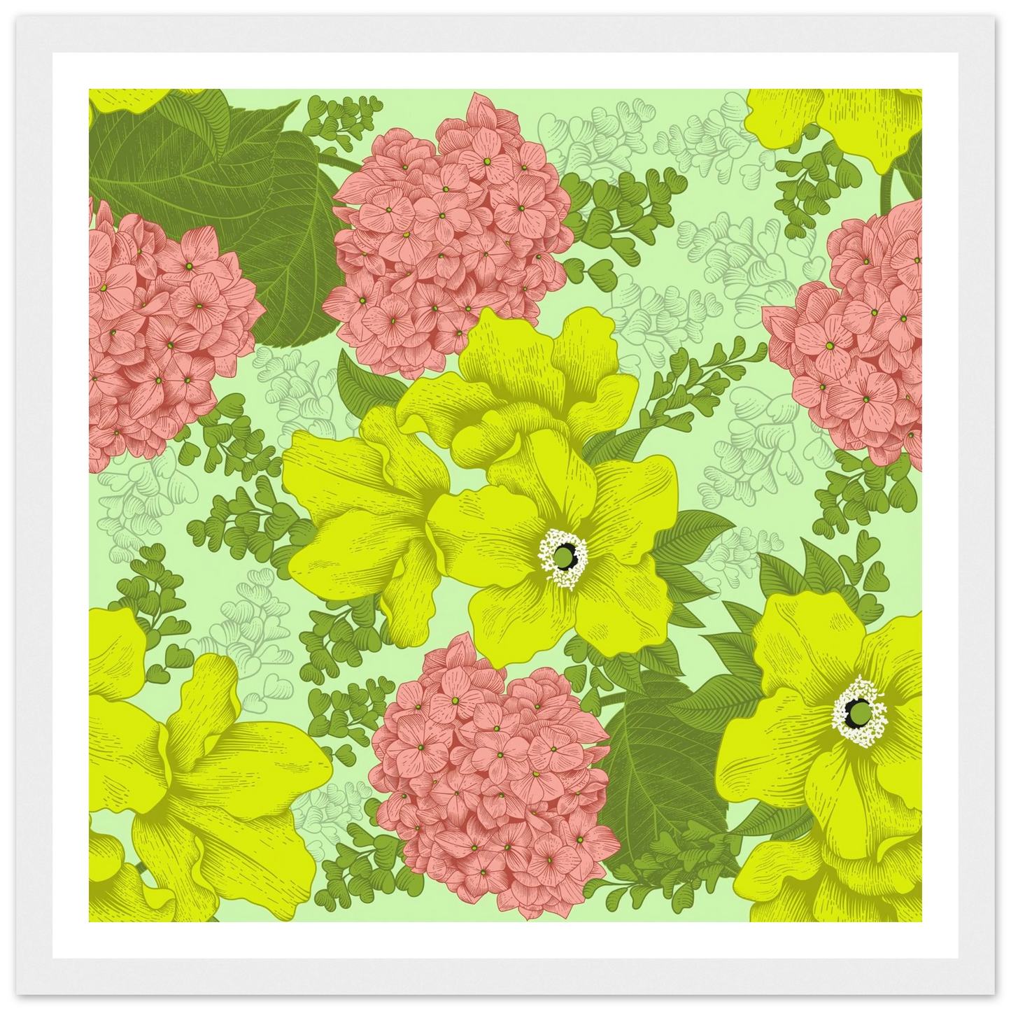 Chartreuse Hydrangea Art Print | William Morris Inspired - Framed Poster - 30x30 cm / 12x12″ - Black frame