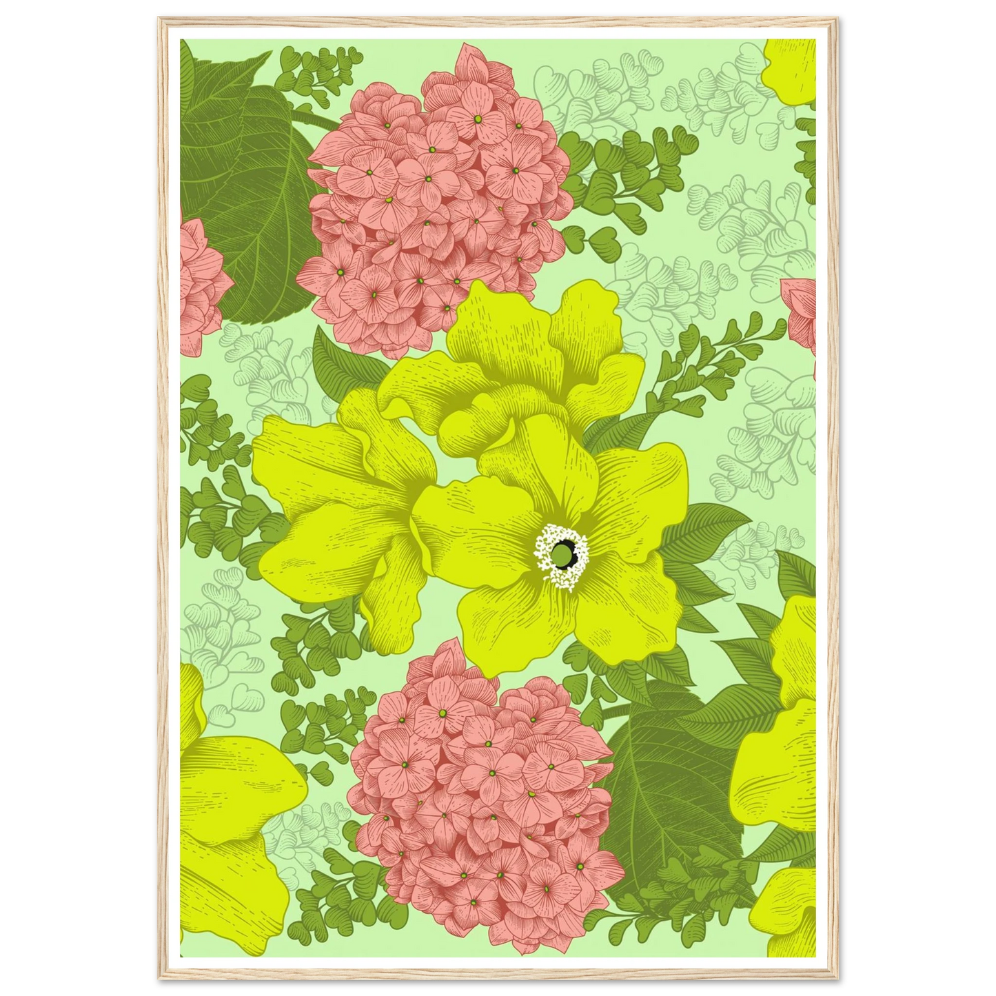Chartreuse Hydrangea Art Print | William Morris Inspired - Framed Poster - 30x30 cm / 12x12″ - Black frame