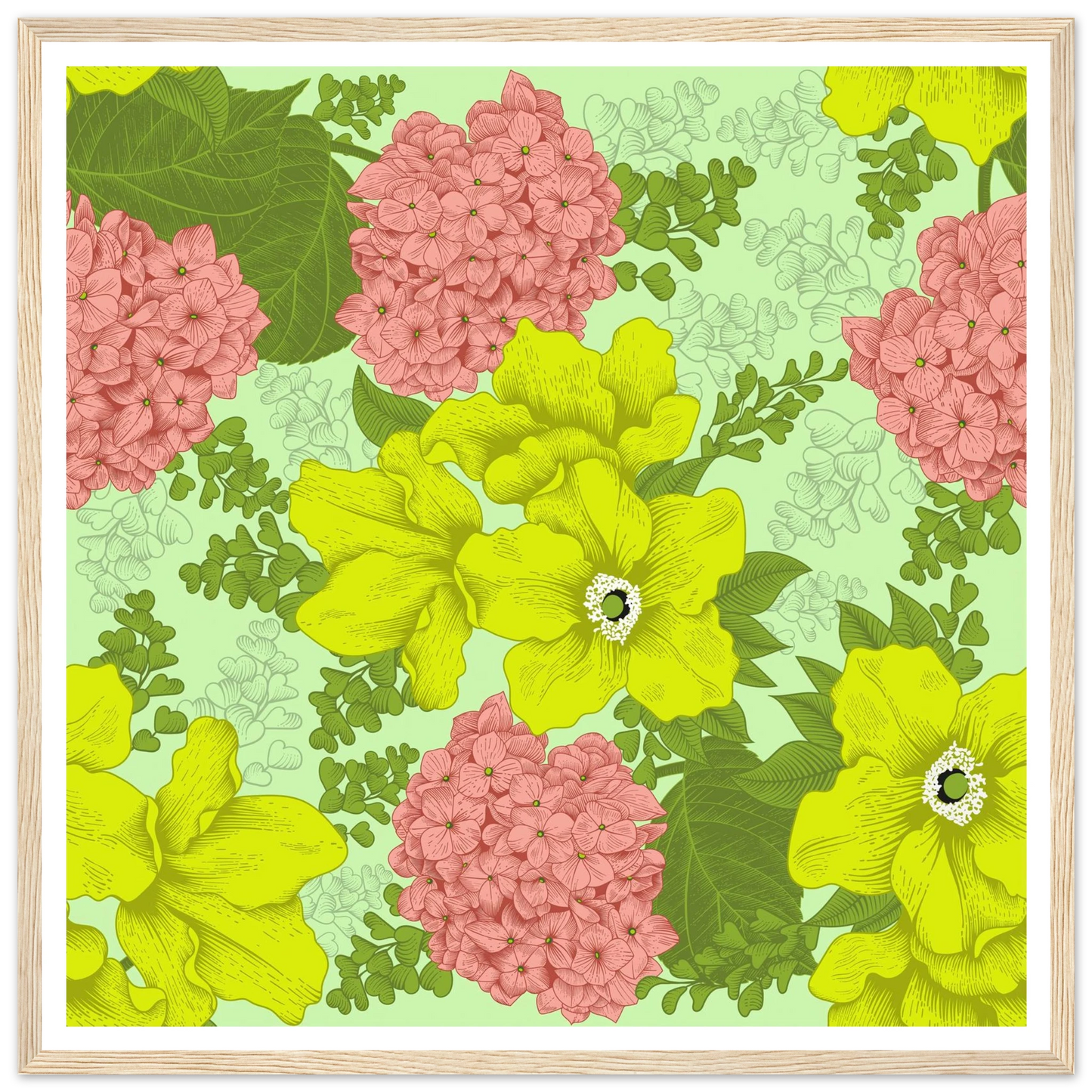 Chartreuse Hydrangea Art Print | William Morris Inspired - Framed Poster - 30x30 cm / 12x12″ - Black frame