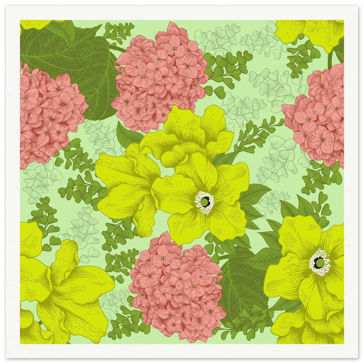 Chartreuse Hydrangea Art Print | William Morris Inspired - Framed Poster - 30x30 cm / 12x12″ - Black frame