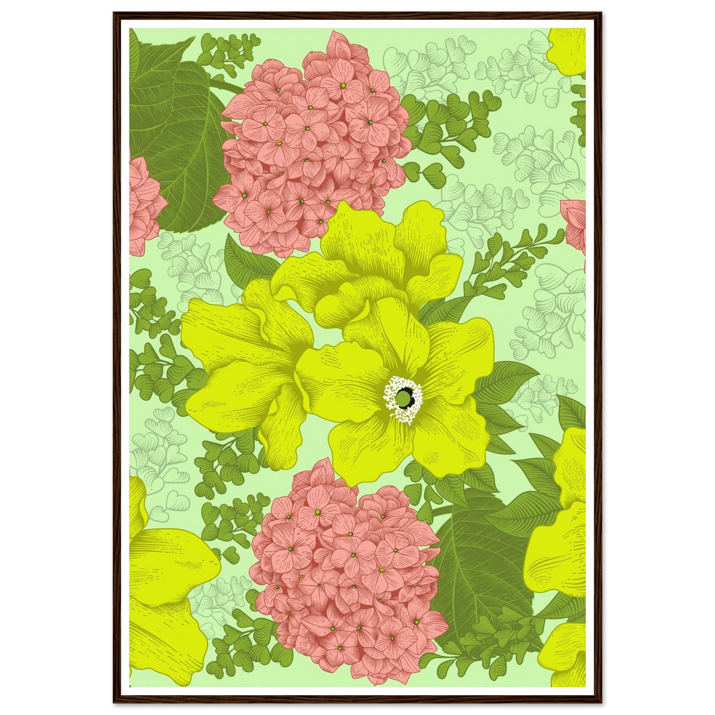 Chartreuse Hydrangea Art Print | William Morris Inspired - Framed Poster - 30x30 cm / 12x12″ - Black frame