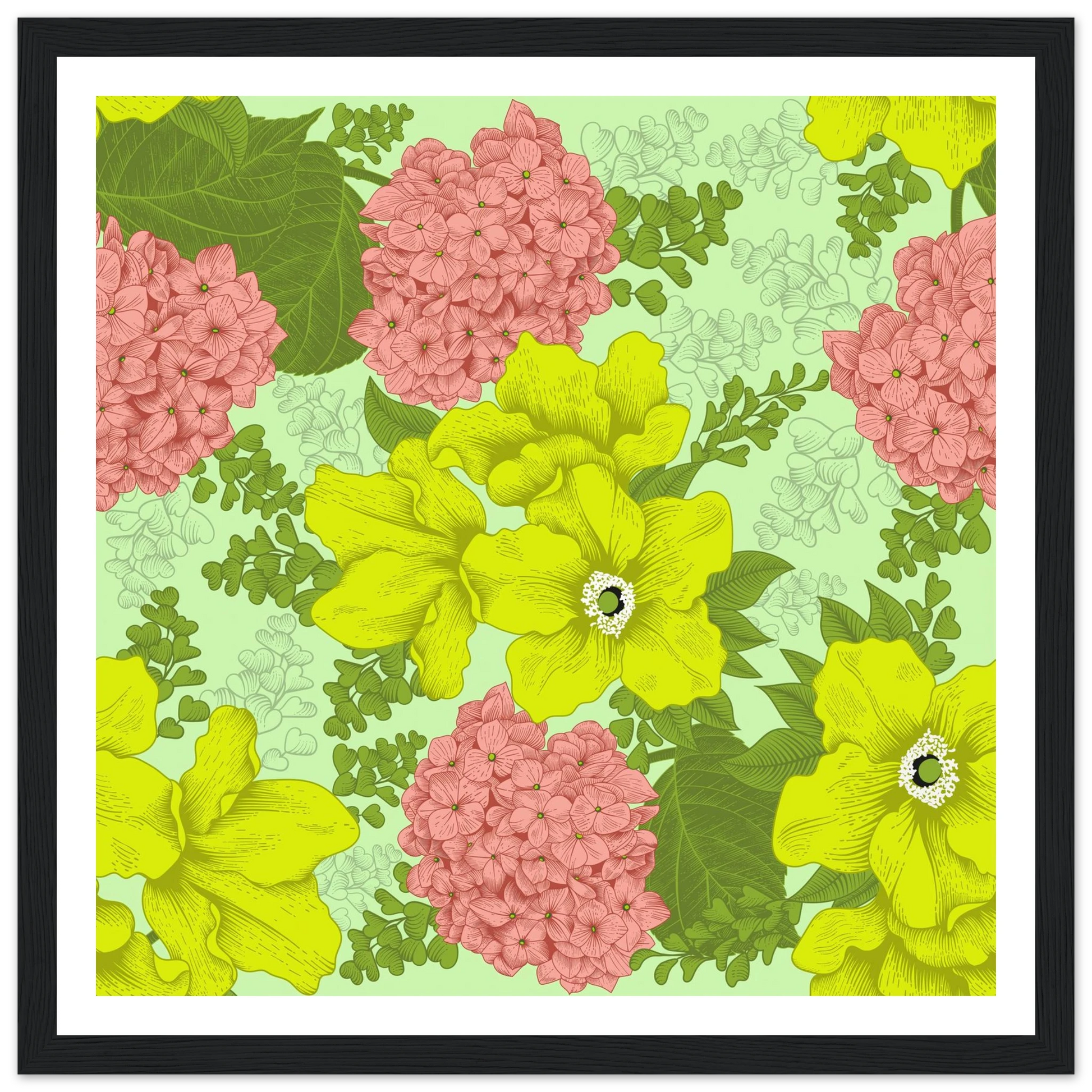 Chartreuse Hydrangea Art Print | William Morris Inspired - Framed Poster - 30x30 cm / 12x12″ - Black frame