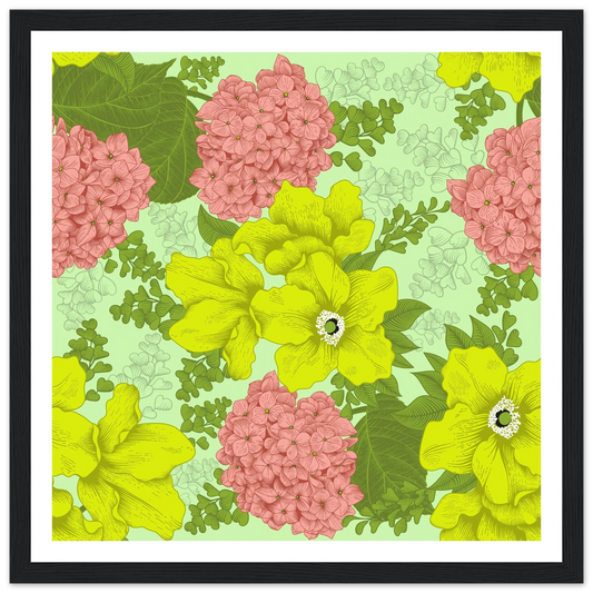 Chartreuse Hydrangea Art Print | William Morris Inspired - Framed Poster - 30x30 cm / 12x12″ - Black frame