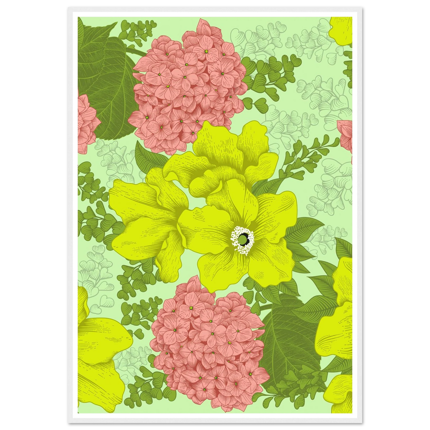 Chartreuse Hydrangea Art Print | William Morris Inspired - Framed Poster - 30x30 cm / 12x12″ - Black frame