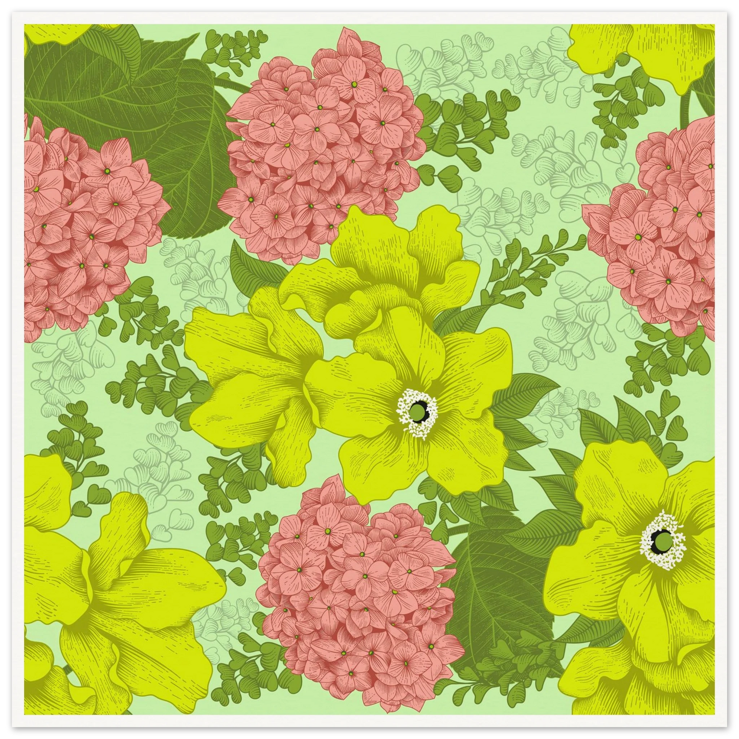 Chartreuse Hydrangea Art Print | William Morris Inspired - Framed Poster - 30x30 cm / 12x12″ - Black frame