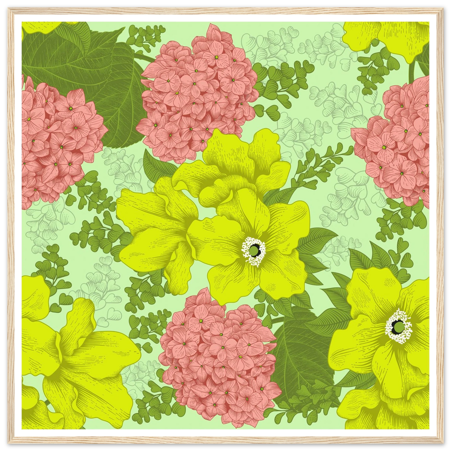 Chartreuse Hydrangea Art Print | William Morris Inspired - Framed Poster - 30x30 cm / 12x12″ - Black frame