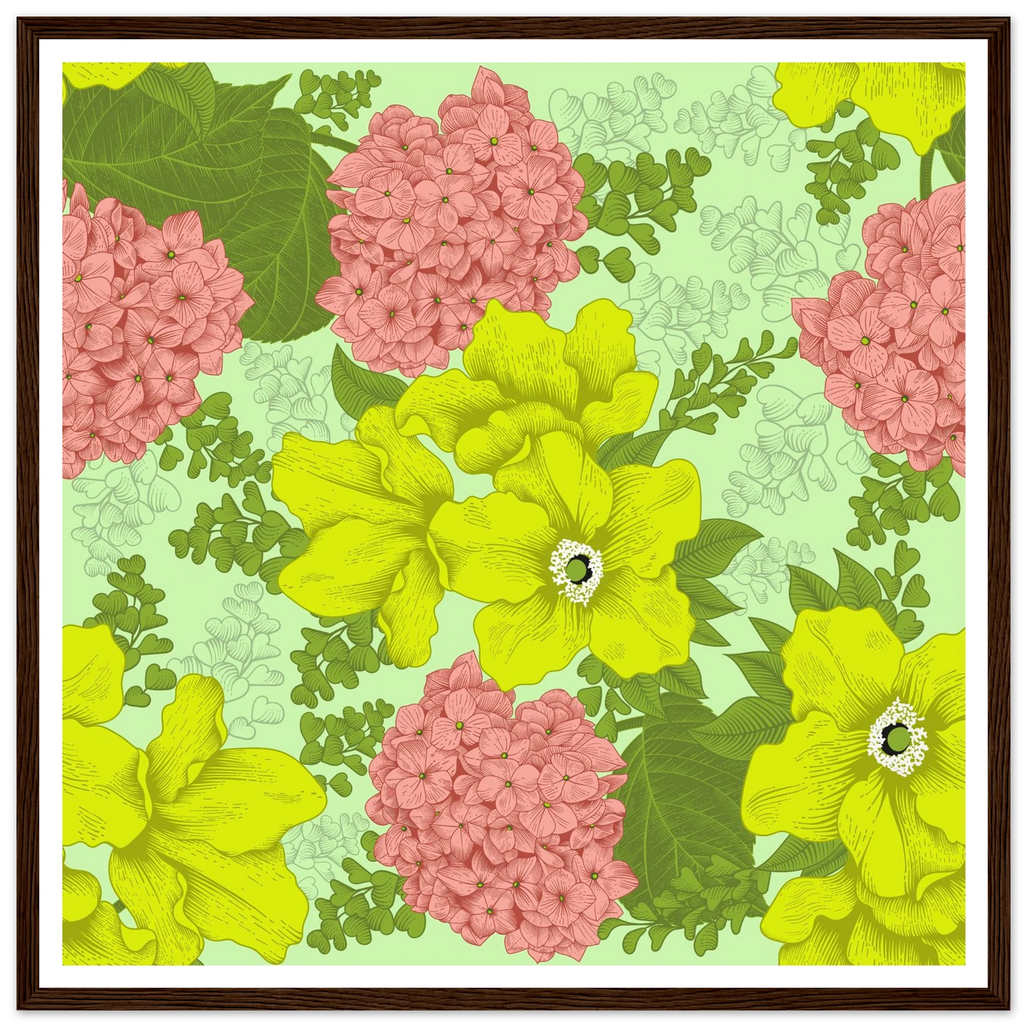 Chartreuse Hydrangea Art Print | William Morris Inspired - Framed Poster - 30x30 cm / 12x12″ - Black frame