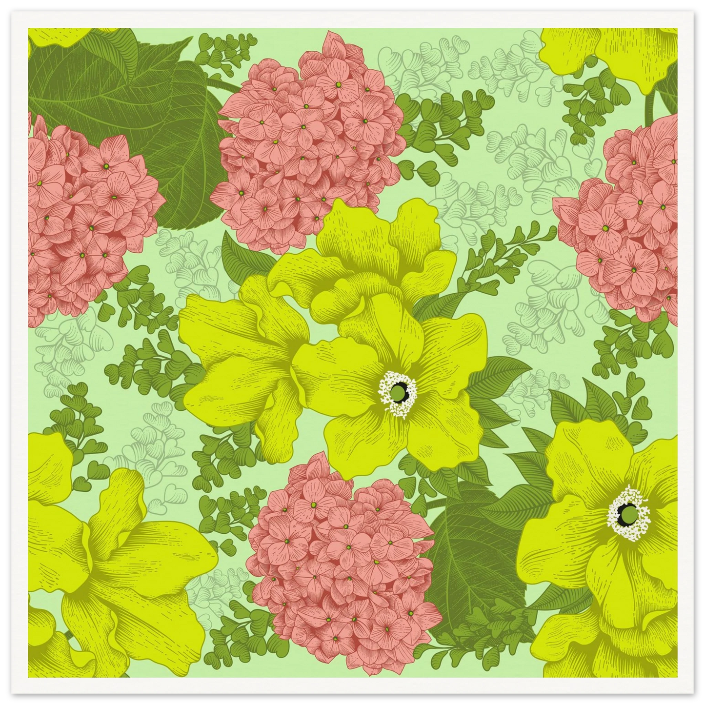 Chartreuse Hydrangea Art Print | William Morris Inspired - Framed Poster - 30x30 cm / 12x12″ - Black frame