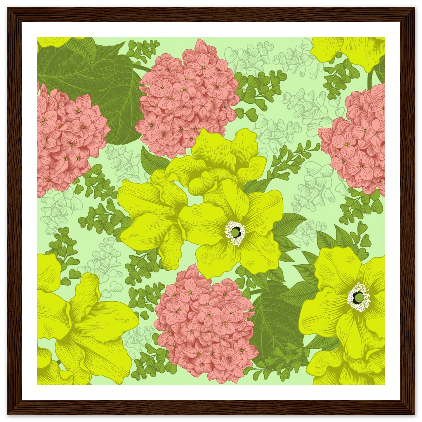 Chartreuse Hydrangea Art Print | William Morris Inspired - Framed Poster - 30x30 cm / 12x12″ - Black frame