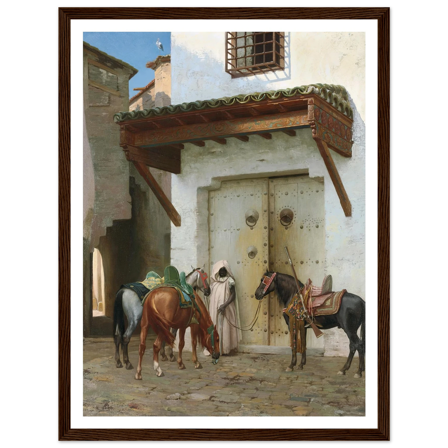 Chevaux tenus par un esclave (La Halte) (1875) Art Print | Jean Leon Gerome - Framed Poster - 30x40 cm / 12x16″ - Black frame