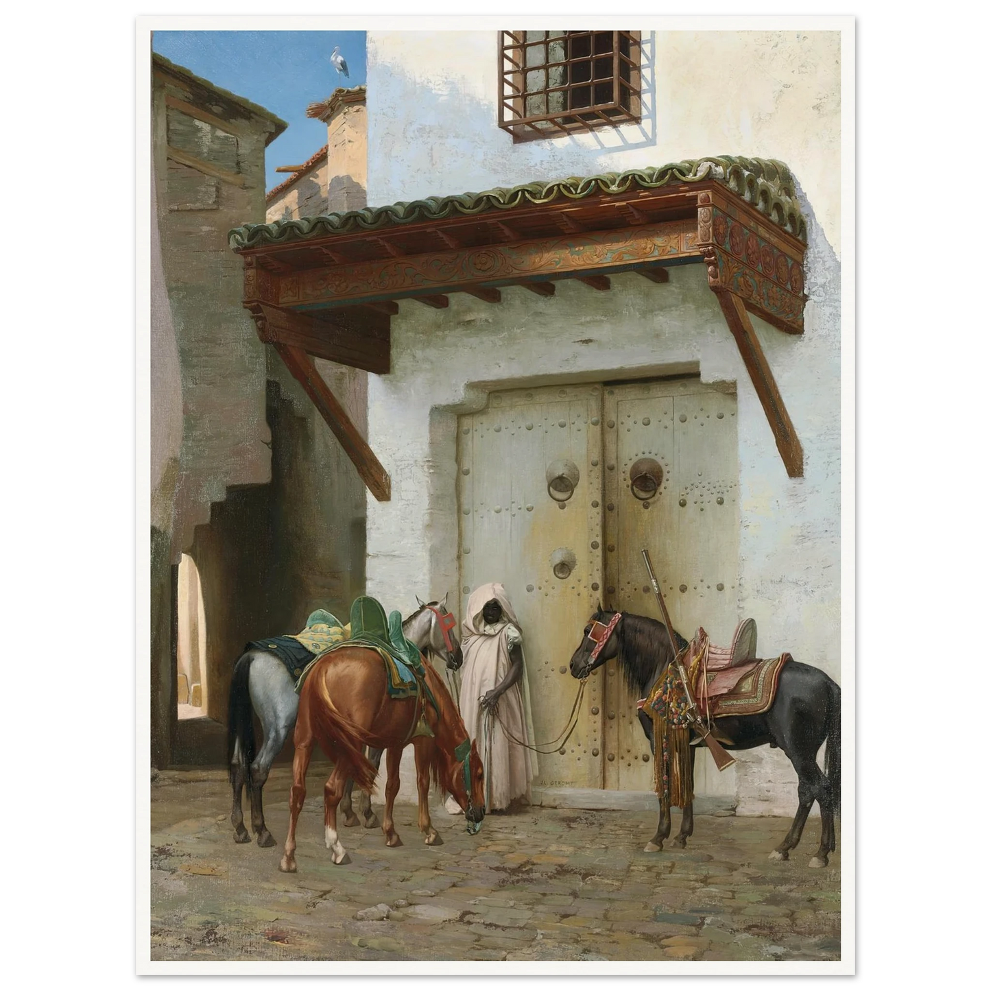 Chevaux tenus par un esclave (La Halte) (1875) Art Print | Jean Leon Gerome - Framed Poster - 30x40 cm / 12x16″ - Black frame