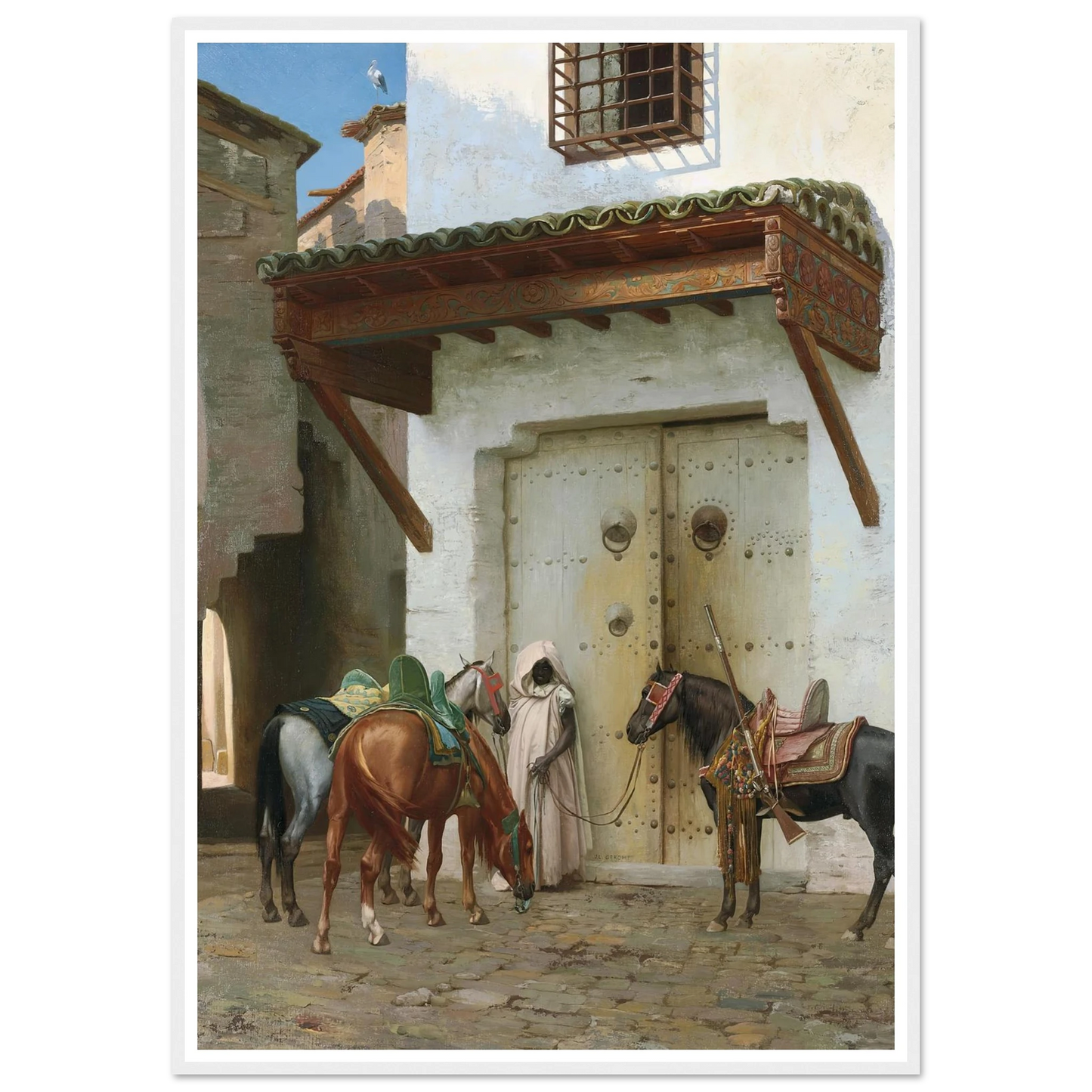 Chevaux tenus par un esclave (La Halte) (1875) Art Print | Jean Leon Gerome - Framed Poster - 30x40 cm / 12x16″ - Black frame