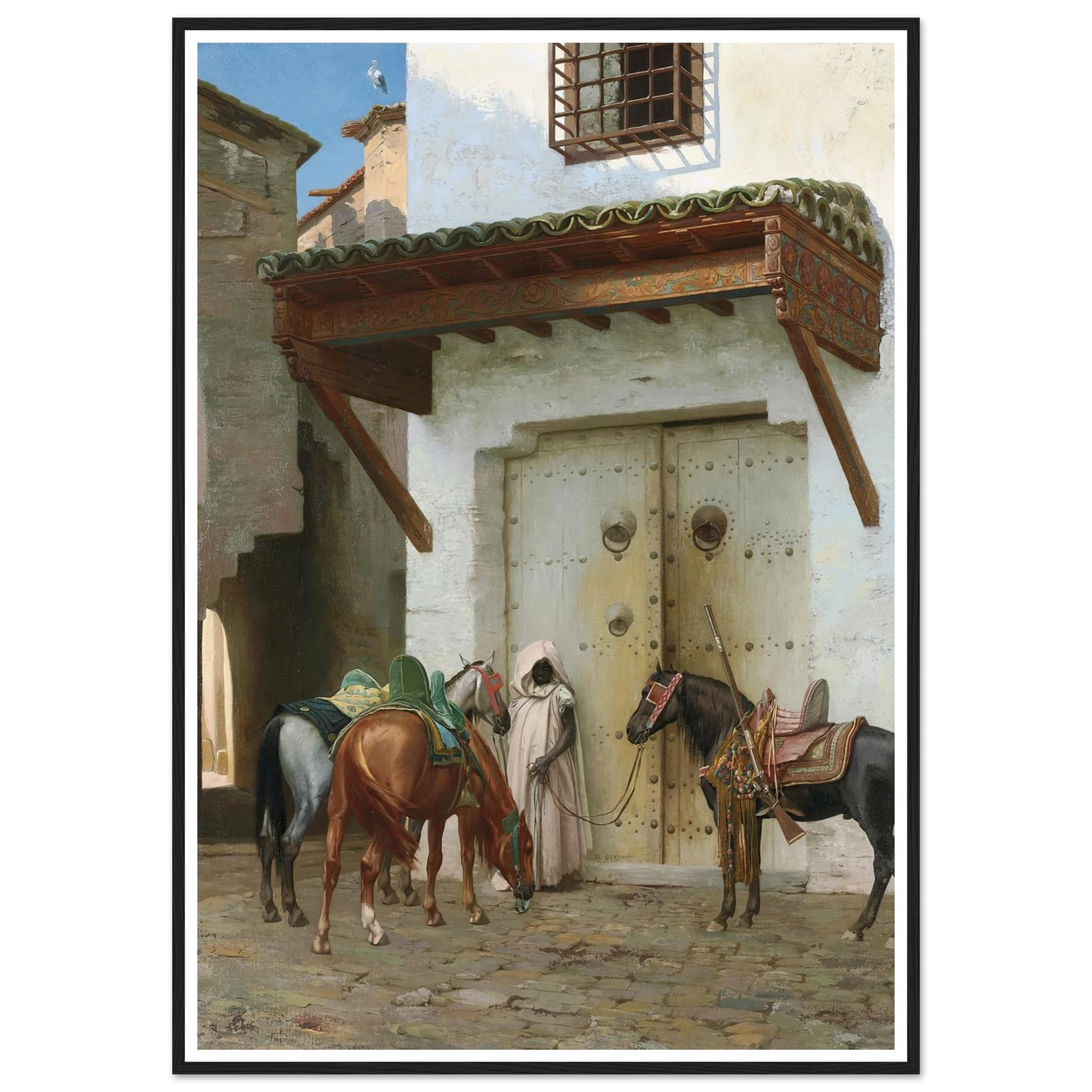 Chevaux tenus par un esclave (La Halte) (1875) Art Print | Jean Leon Gerome - Framed Poster - 30x40 cm / 12x16″ - Black frame