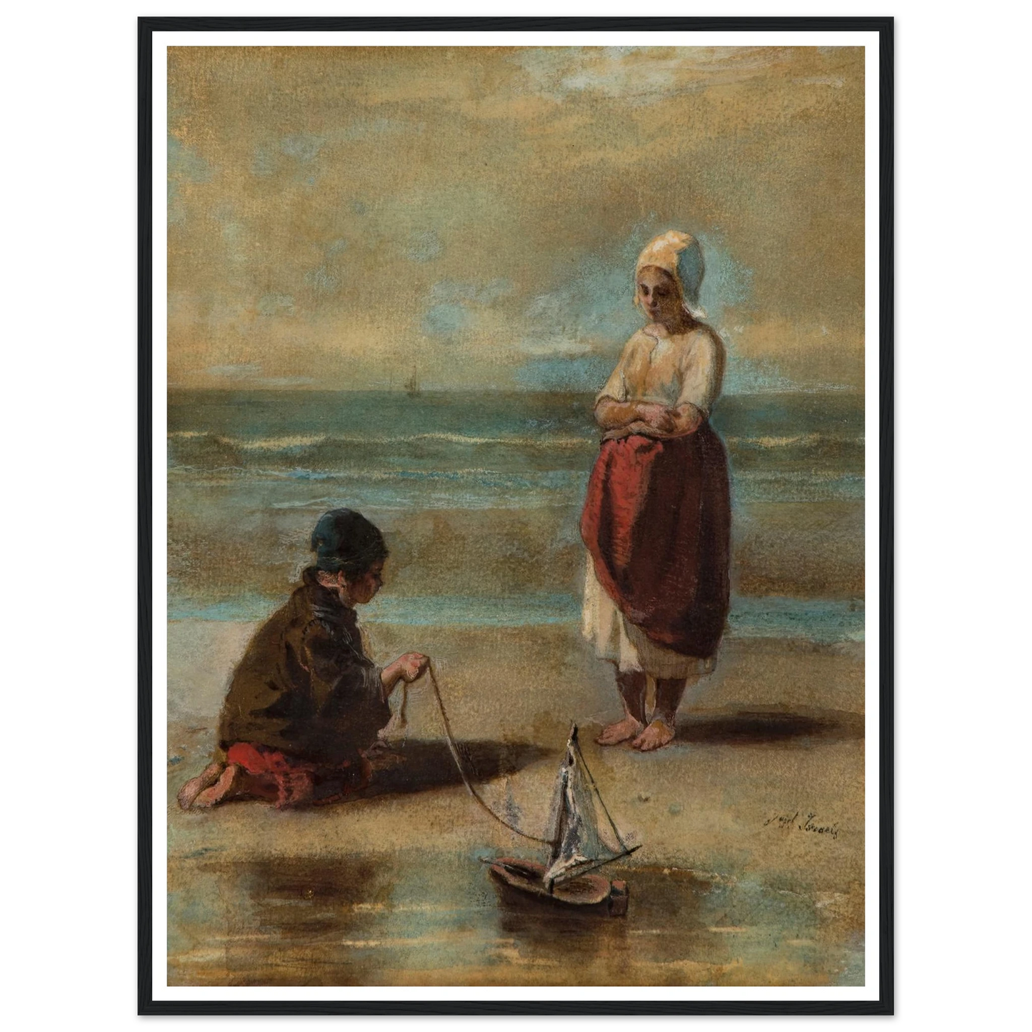 Children at the Seashore (1860s) Art Print | Jozef Israels - Framed Poster - 30x40 cm / 12x16″ - Black frame