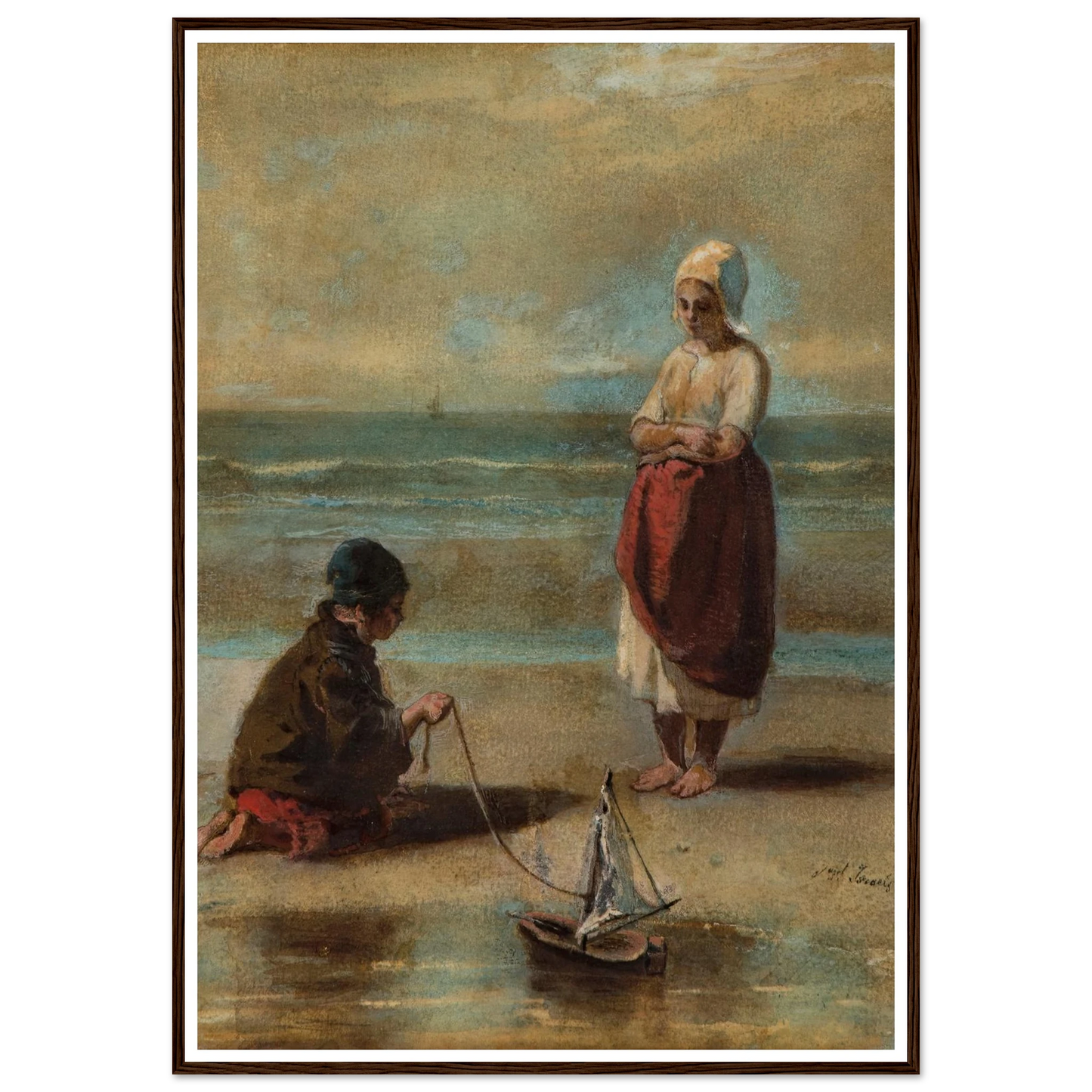 Children at the Seashore (1860s) Art Print | Jozef Israels - Framed Poster - 30x40 cm / 12x16″ - Black frame