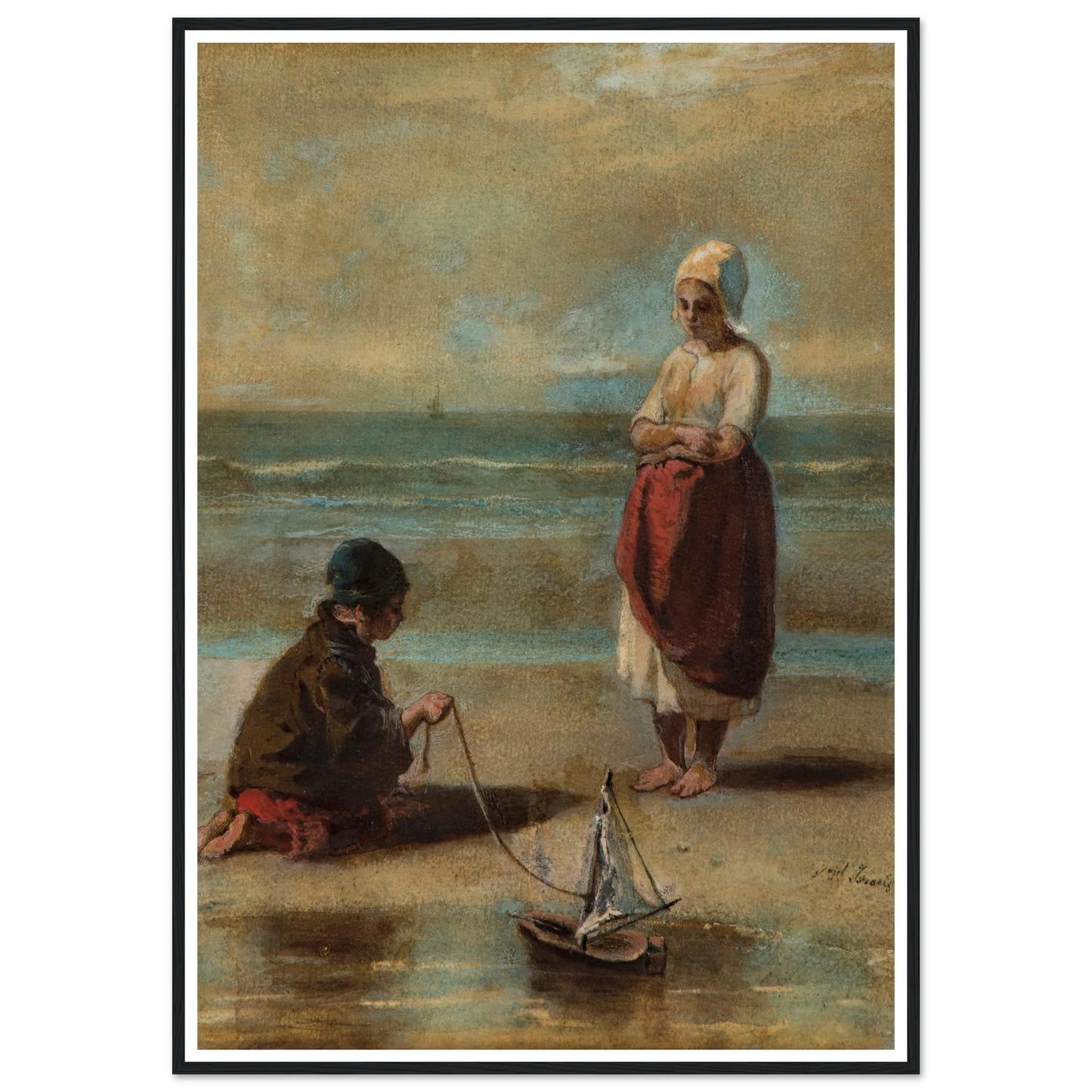 Children at the Seashore (1860s) Art Print | Jozef Israels - Framed Poster - 30x40 cm / 12x16″ - Black frame