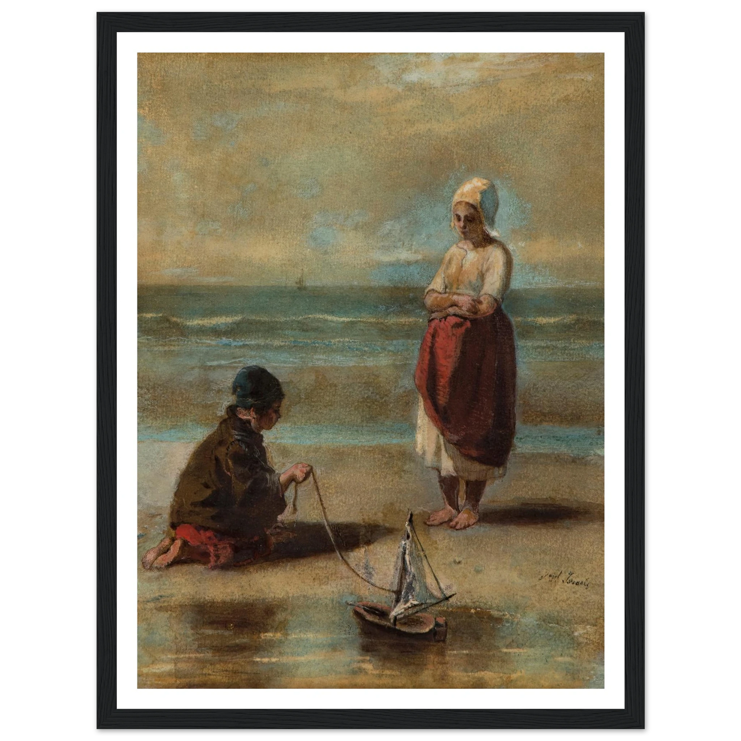 Children at the Seashore (1860s) Art Print | Jozef Israels - Framed Poster - 30x40 cm / 12x16″ - Black frame