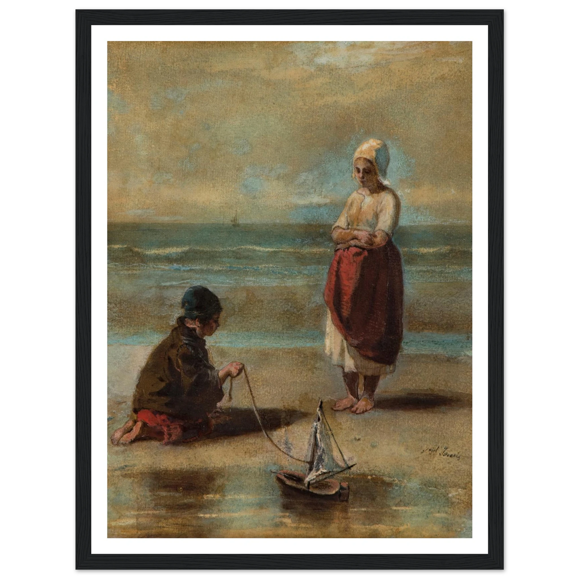 Children at the Seashore (1860s) Art Print | Jozef Israels - Framed Poster - 30x40 cm / 12x16″ - Black frame