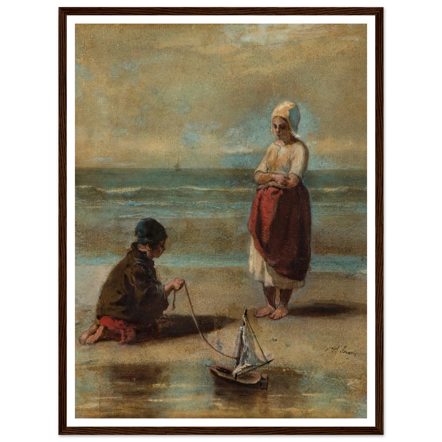 Children at the Seashore (1860s) Art Print | Jozef Israels - Framed Poster - 30x40 cm / 12x16″ - Black frame