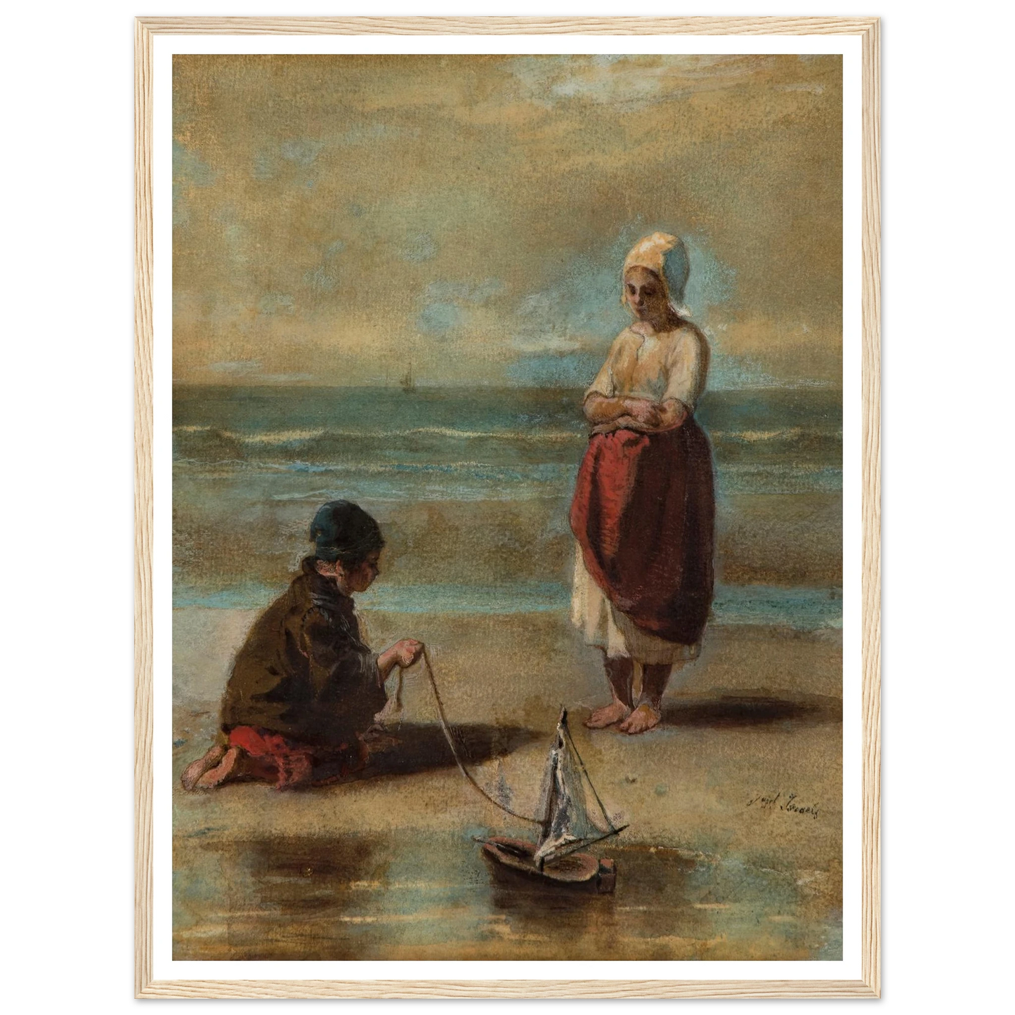 Children at the Seashore (1860s) Art Print | Jozef Israels - Framed Poster - 30x40 cm / 12x16″ - Black frame