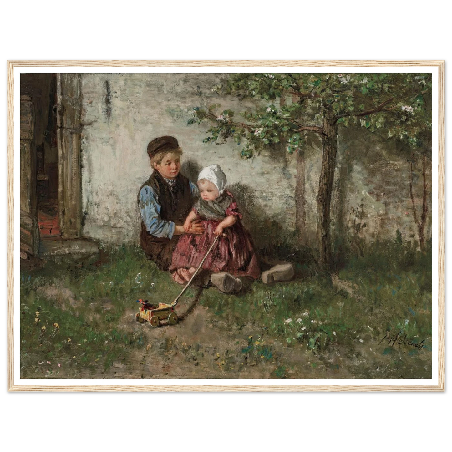Children Playing with a Toy Wagon Art Print | Jozef Israels - Framed Poster - 30x40 cm / 12x16″ - Black frame