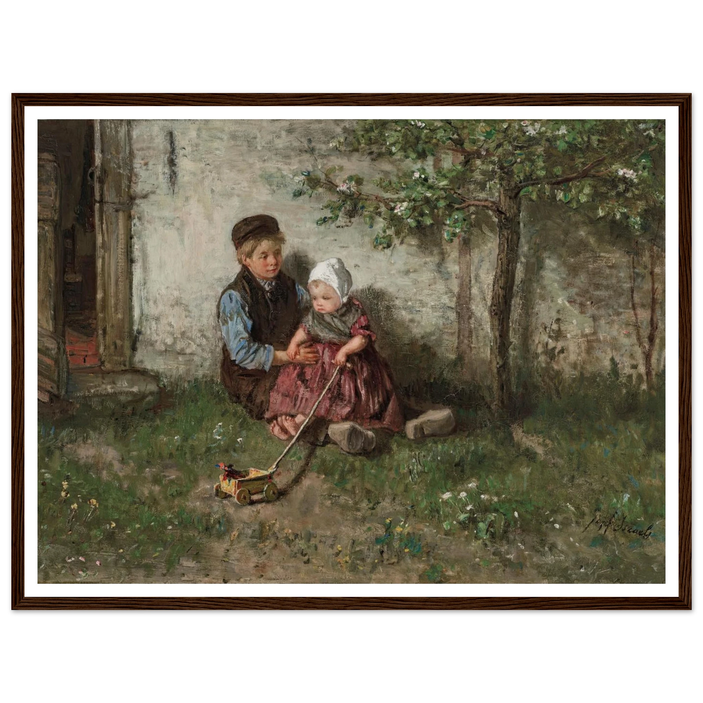 Children Playing with a Toy Wagon Art Print | Jozef Israels - Framed Poster - 30x40 cm / 12x16″ - Black frame