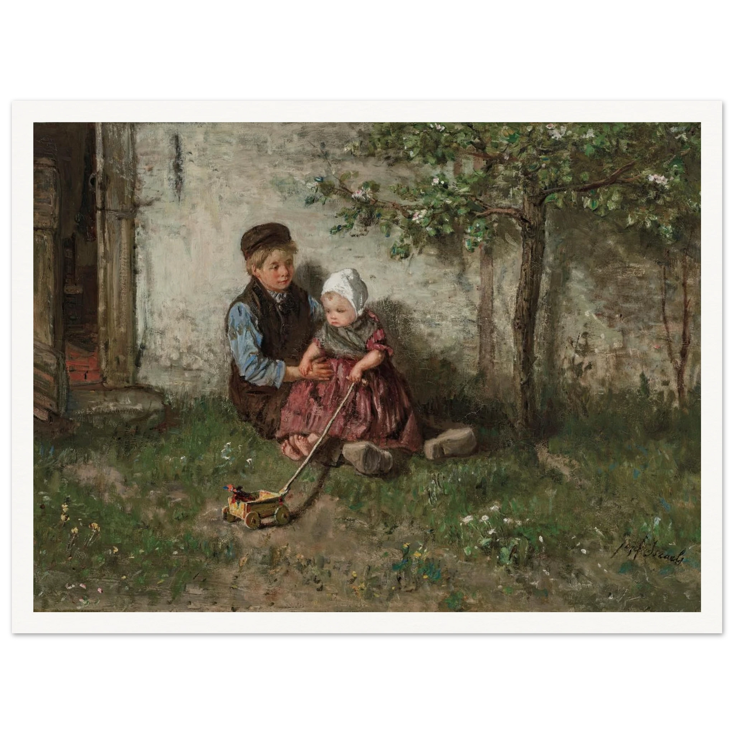 Children Playing with a Toy Wagon Art Print | Jozef Israels - Framed Poster - 30x40 cm / 12x16″ - Black frame