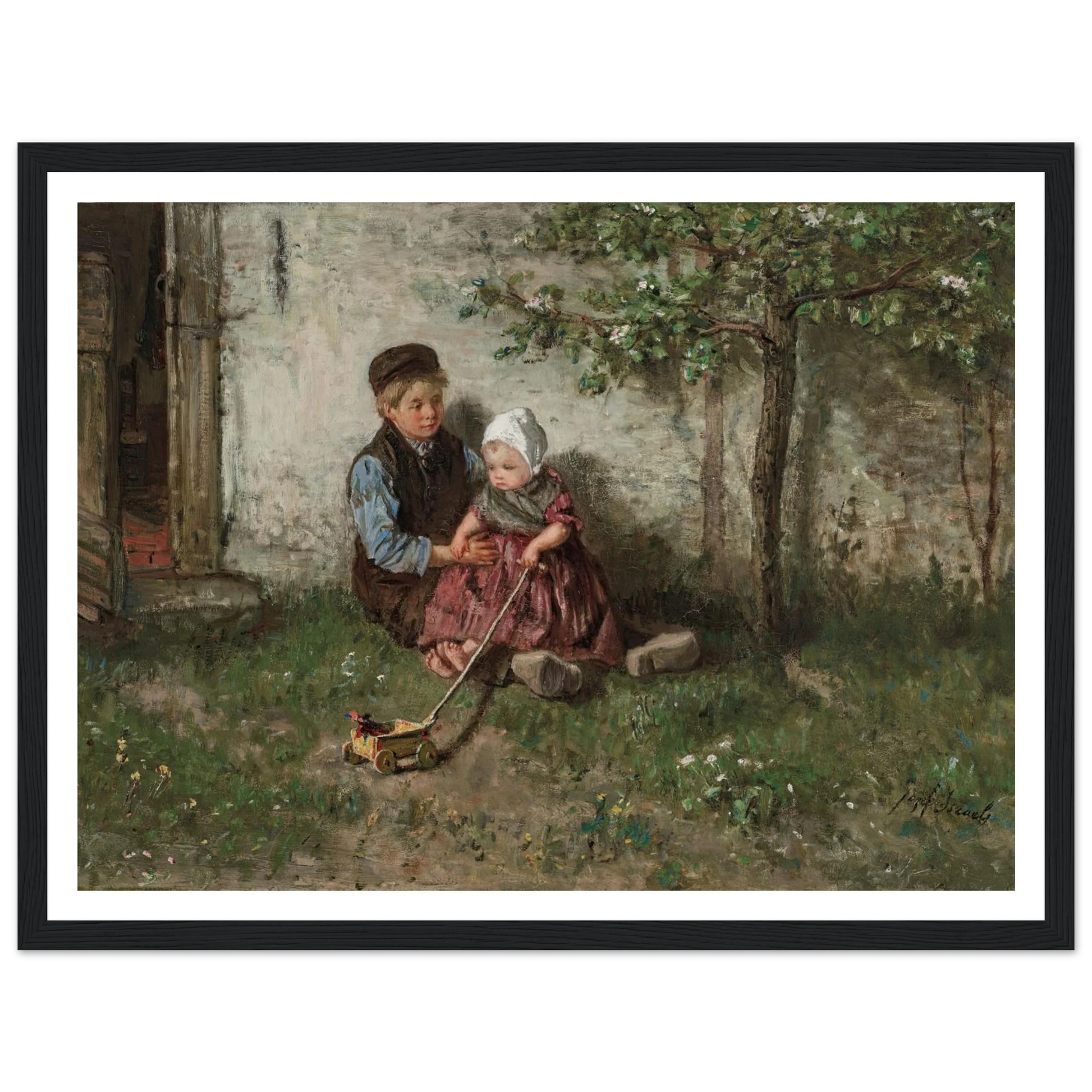 Children Playing with a Toy Wagon Art Print | Jozef Israels - Framed Poster - 30x40 cm / 12x16″ - Black frame
