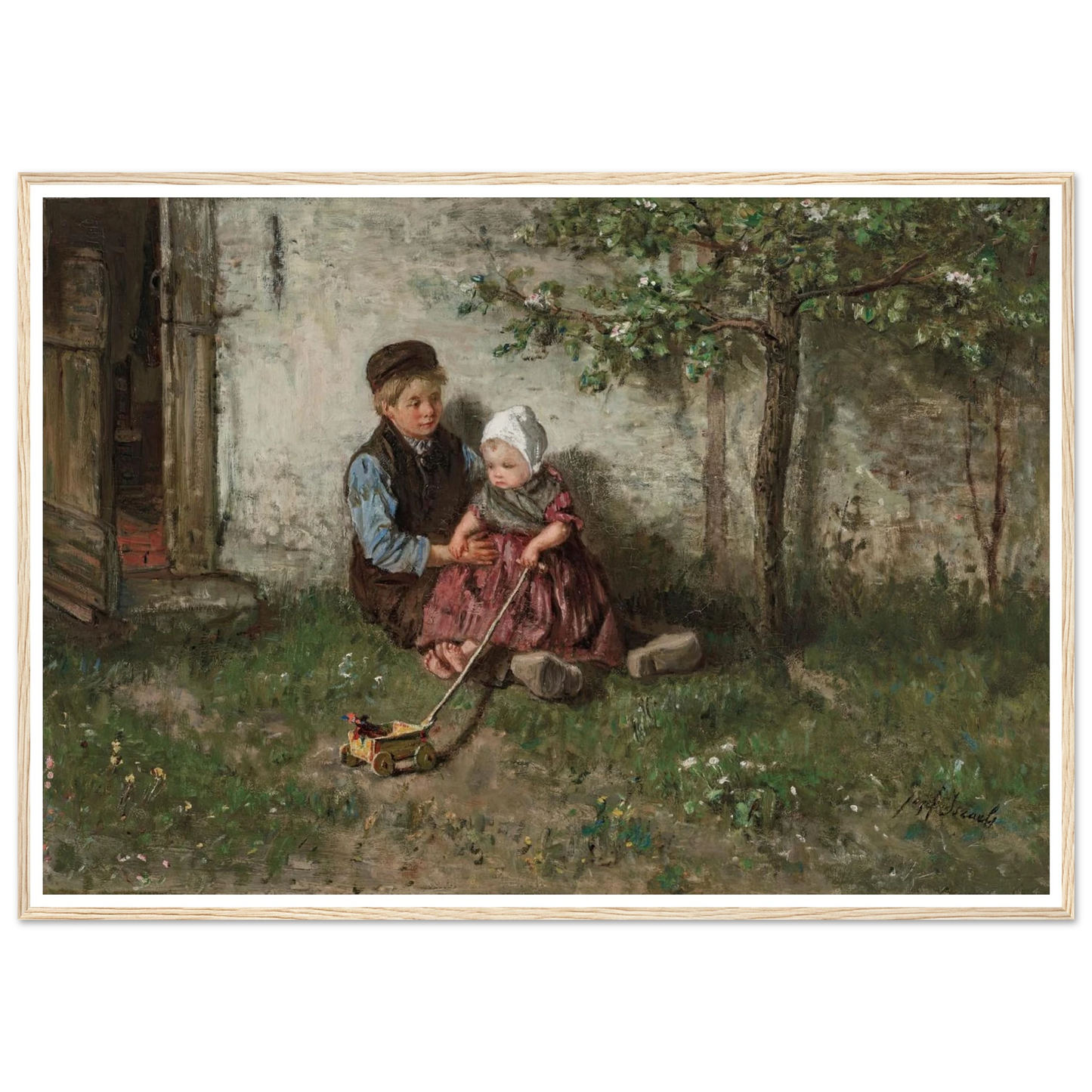 Children Playing with a Toy Wagon Art Print | Jozef Israels - Framed Poster - 30x40 cm / 12x16″ - Black frame