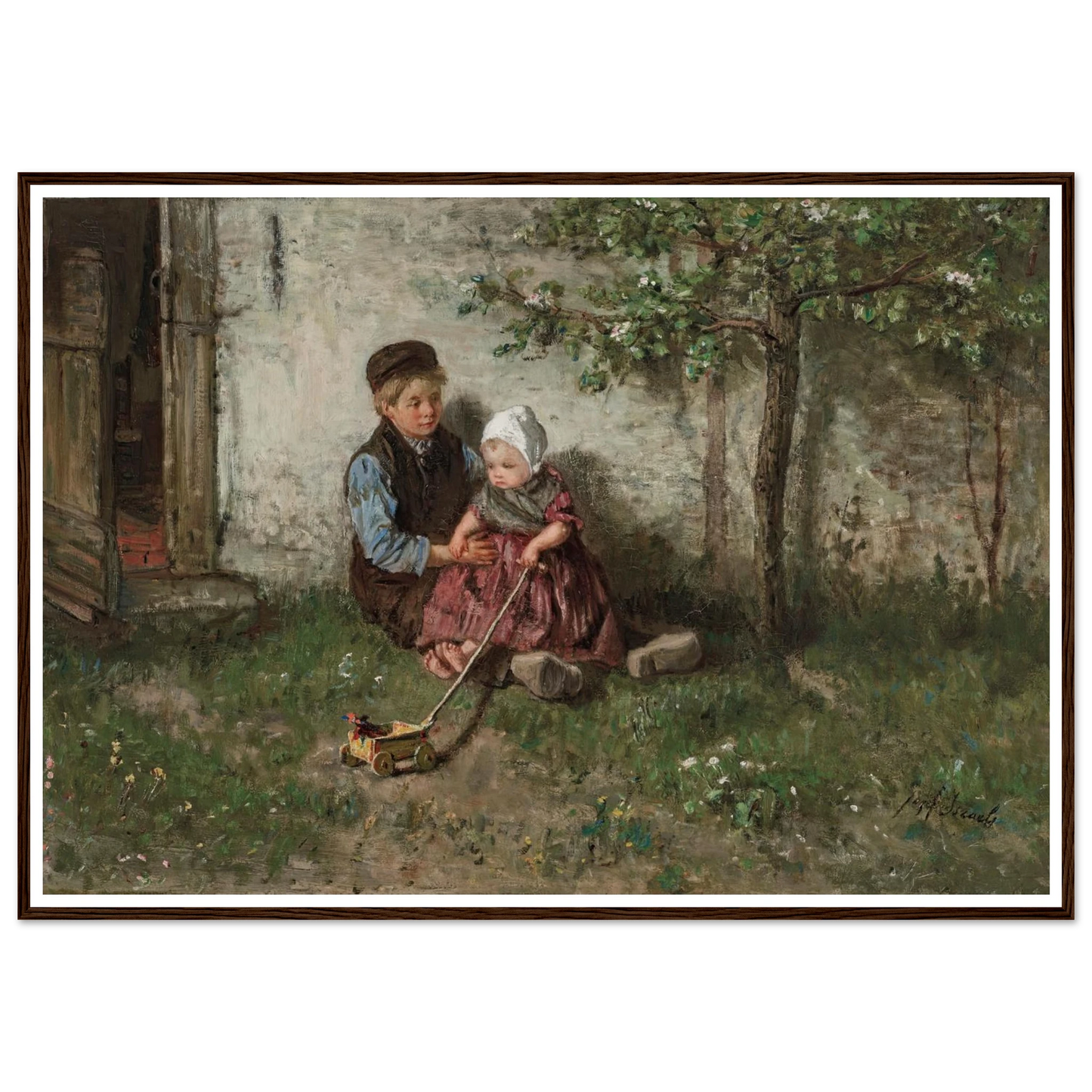 Children Playing with a Toy Wagon Art Print | Jozef Israels - Framed Poster - 30x40 cm / 12x16″ - Black frame
