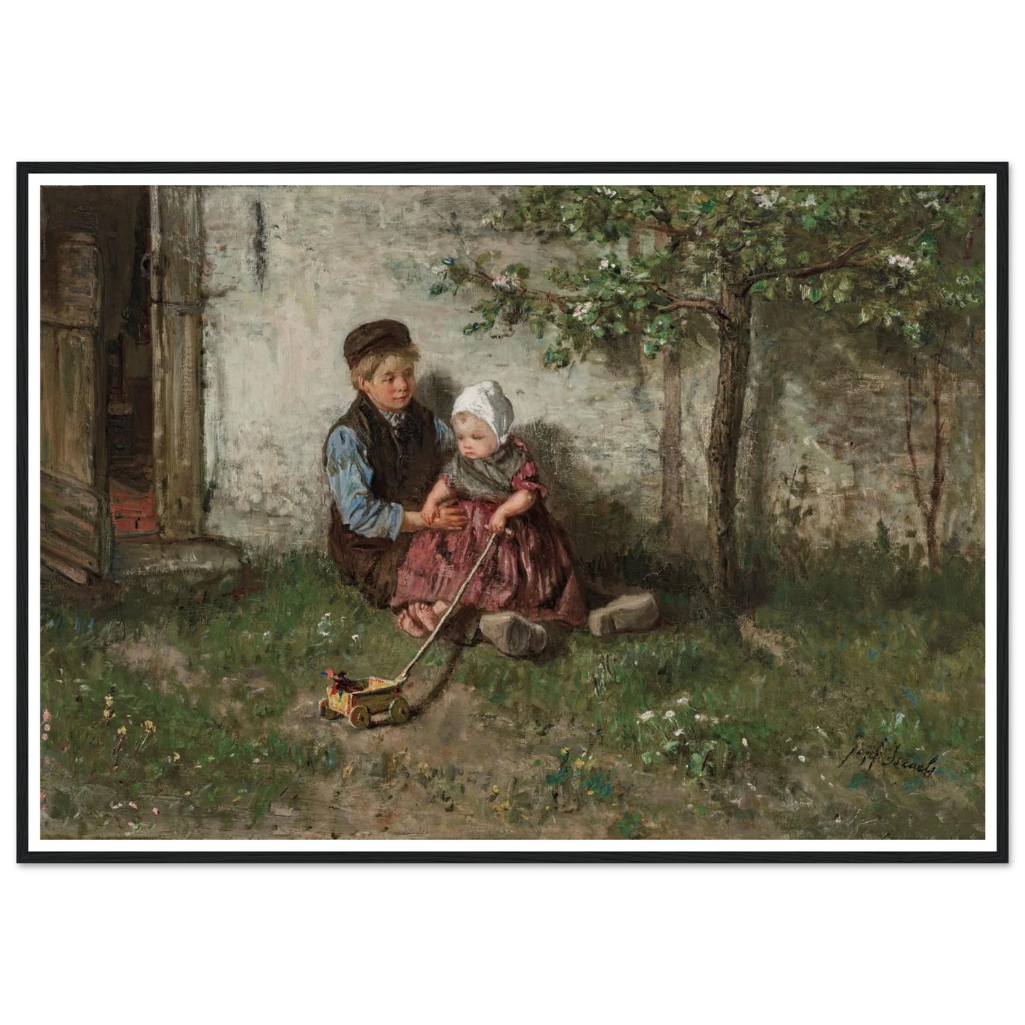 Children Playing with a Toy Wagon Art Print | Jozef Israels - Framed Poster - 30x40 cm / 12x16″ - Black frame