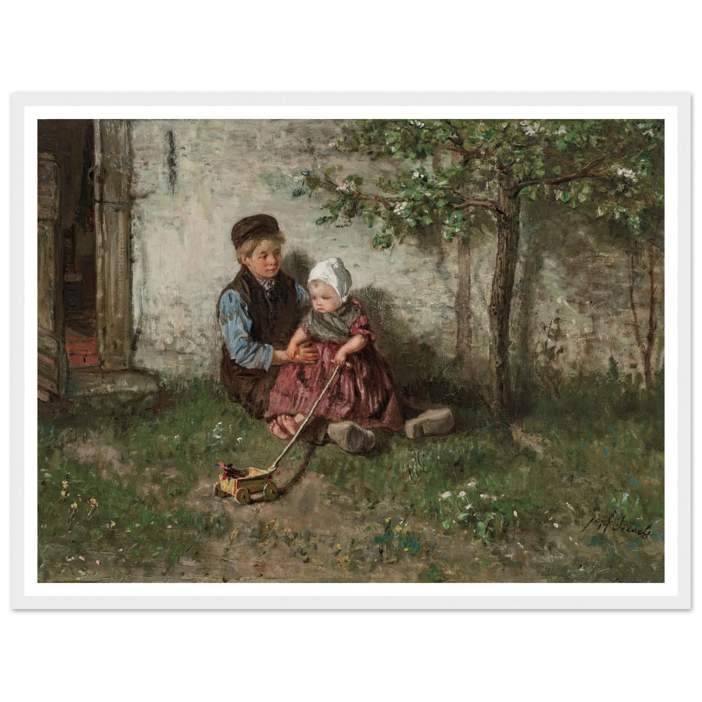 Children Playing with a Toy Wagon Art Print | Jozef Israels - Framed Poster - 30x40 cm / 12x16″ - Black frame
