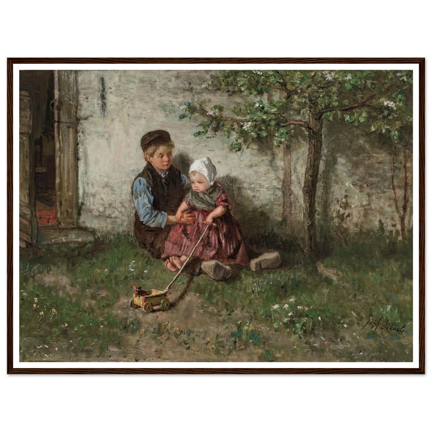Children Playing with a Toy Wagon Art Print | Jozef Israels - Framed Poster - 30x40 cm / 12x16″ - Black frame