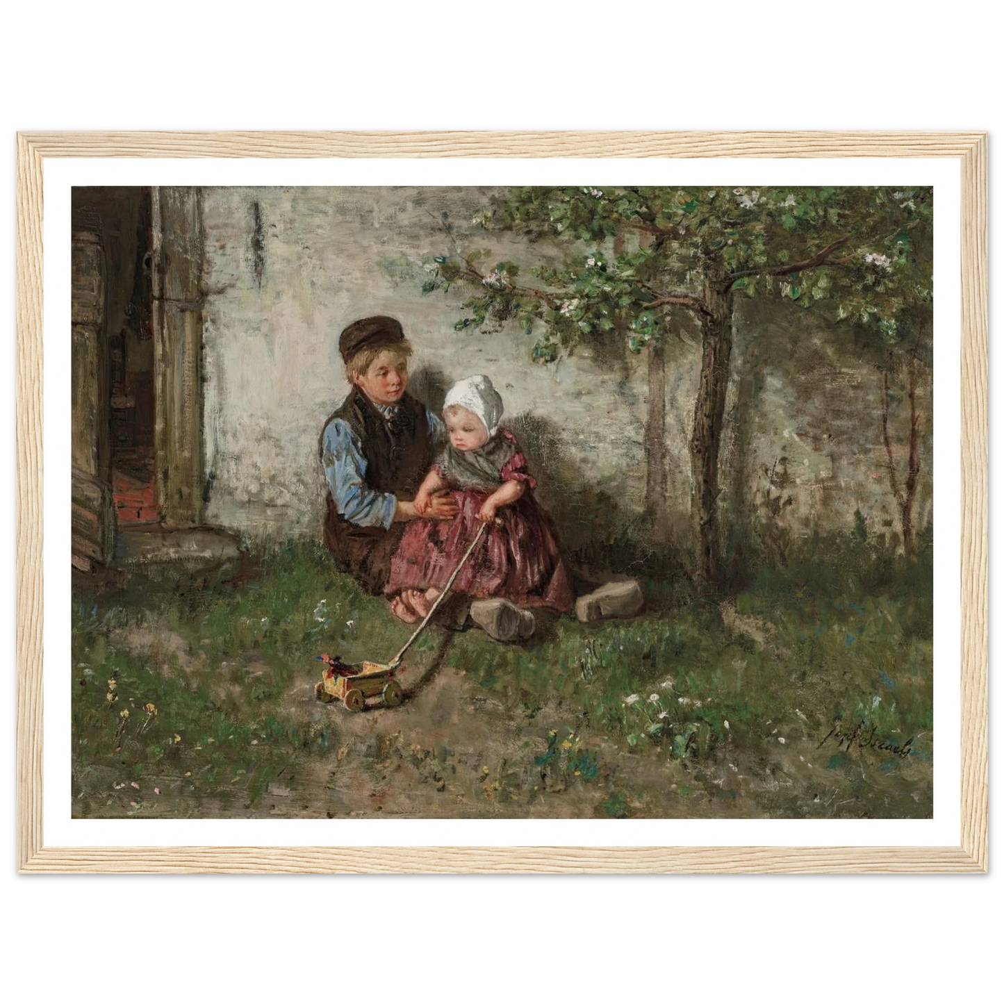 Children Playing with a Toy Wagon Art Print | Jozef Israels - Framed Poster - 30x40 cm / 12x16″ - Black frame