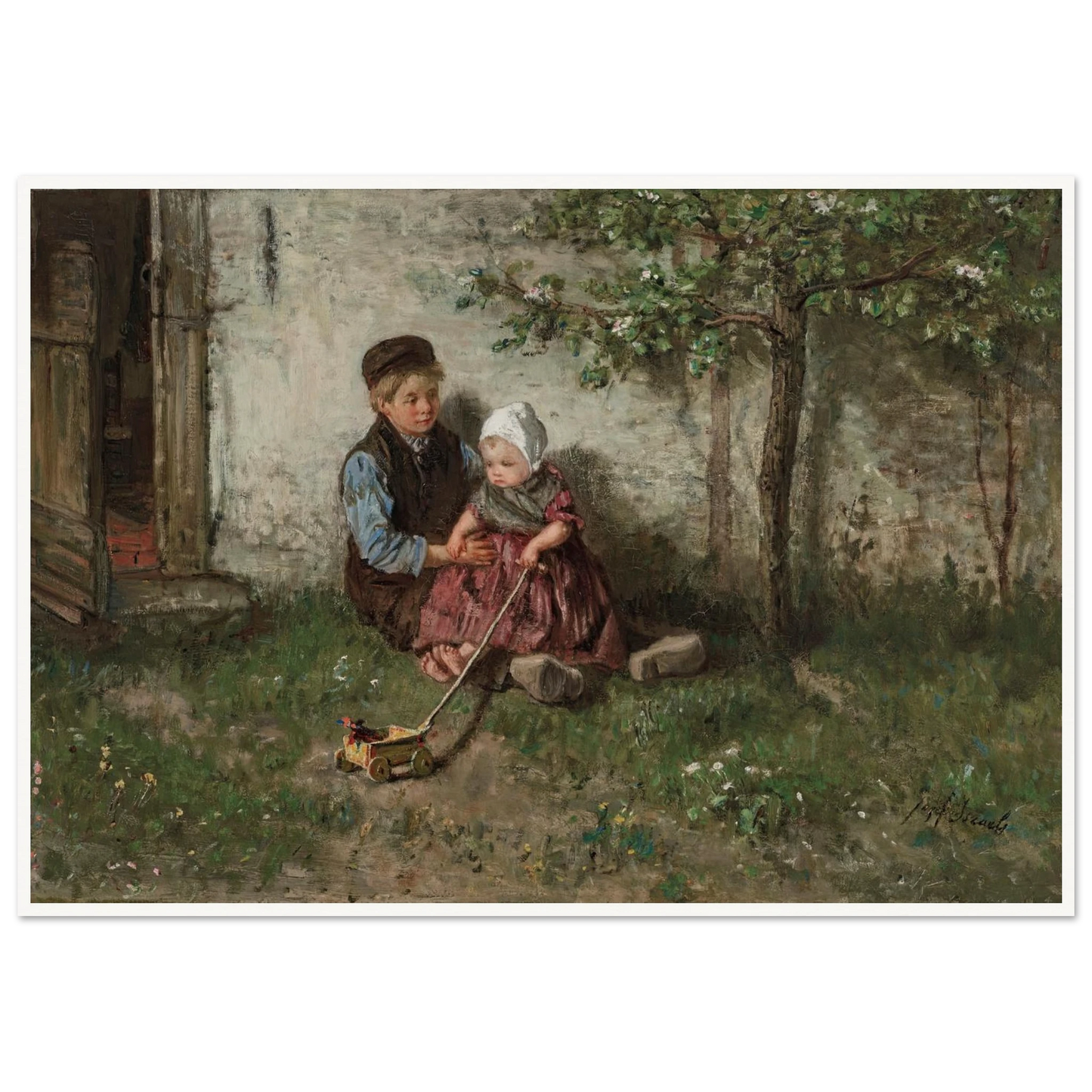 Children Playing with a Toy Wagon Art Print | Jozef Israels - Framed Poster - 30x40 cm / 12x16″ - Black frame