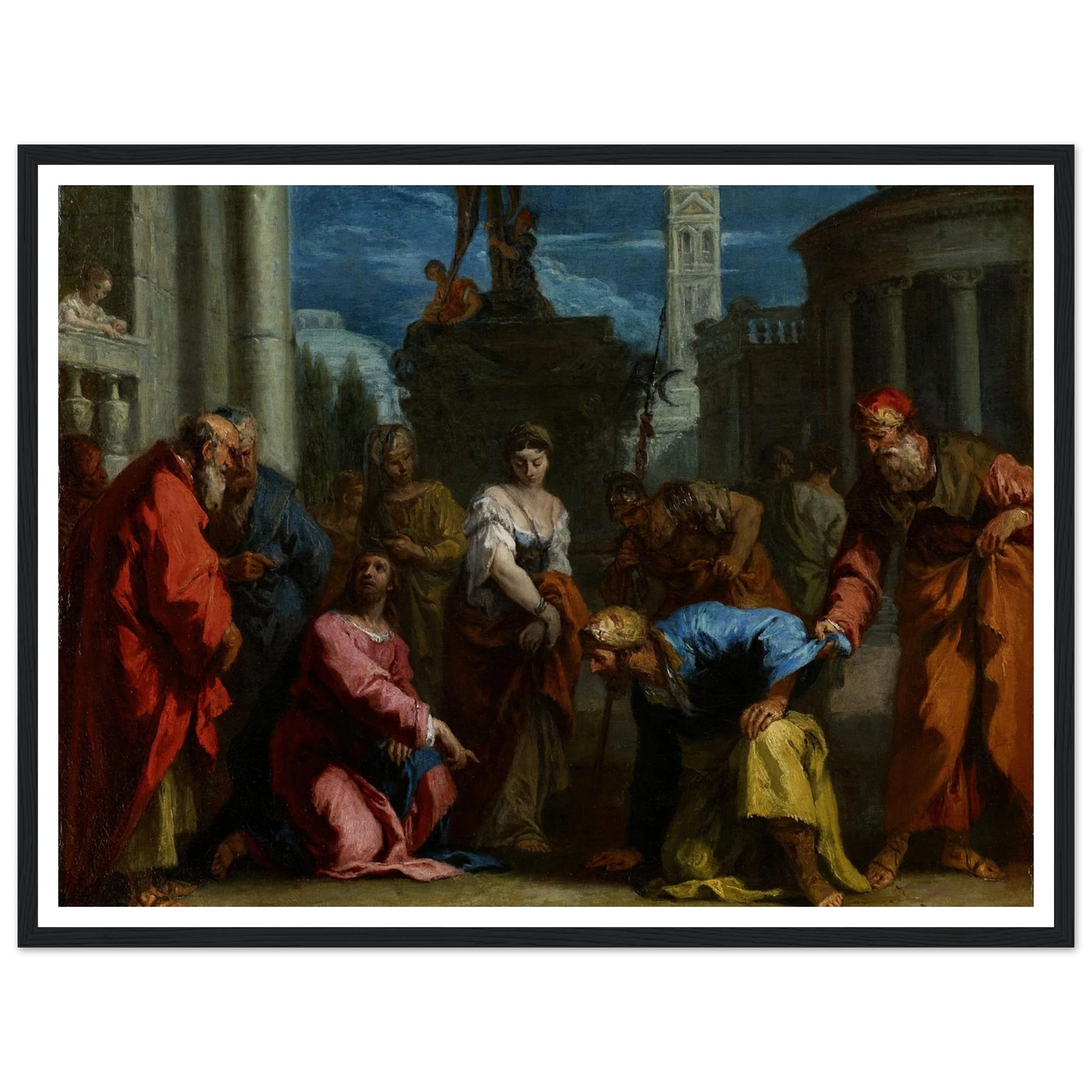 Christ and the Woman Taken in Adultery (1720s) Art Print | Sebastiano Ricci - Framed Poster - 30x40 cm / 12x16″ - Black frame