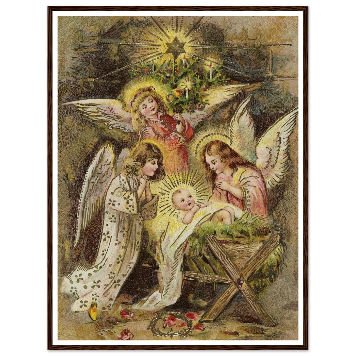 Christmas card with angels and baby Jesus in the manger - Framed Poster - 30x40 cm / 12x16″ - Black frame